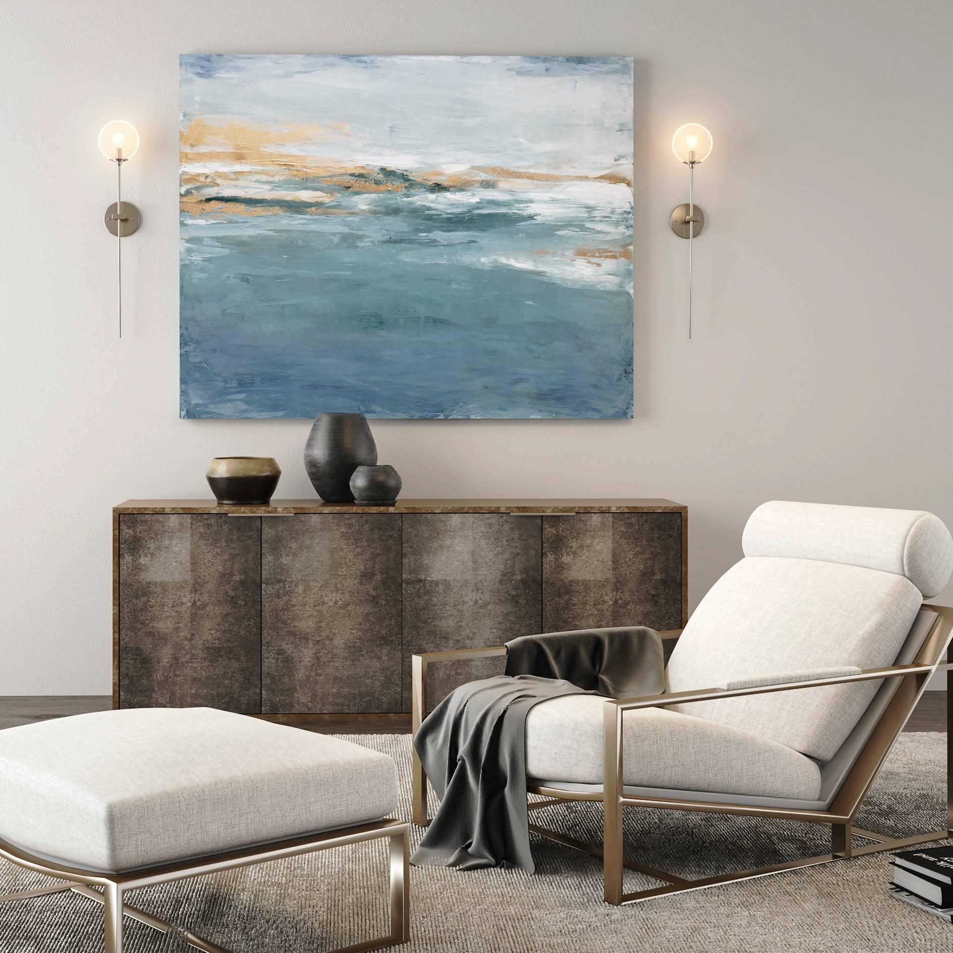 Abstract, navy blue, light blue, gold, white, storm, texture, movement, clouds, celestial, contemporary seascape art, living room art, large scale art

In 2000, Julia earned a Bachelor of Fine Arts degree from Pratt Institute in New York City. Over