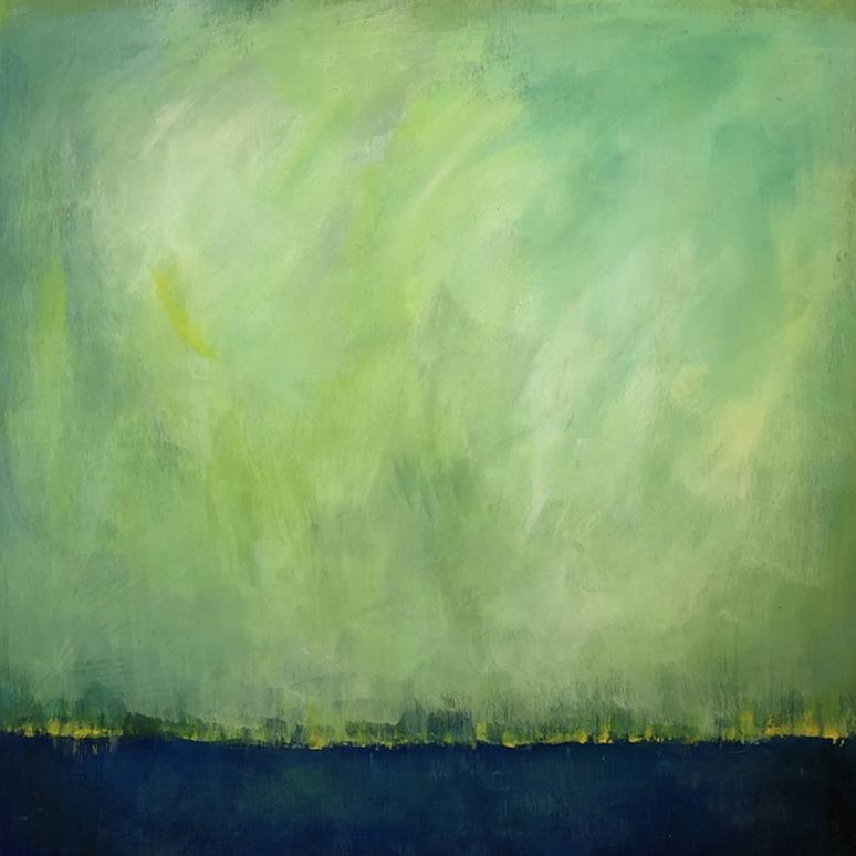 This abstract original painting features a very deep blue base and a low horizon line. The horizon, which is speckled with yellow, gives way to the stark shift from deep blue to vibrant green, which is blended and applied so that it creates movement