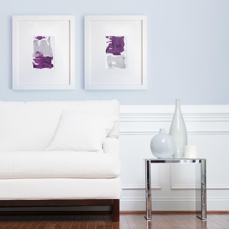 Abstract, abstract art, purple, light purple, plum, plumb, pair, series, color study, white, grey, expressive, brushstrokes, lines, texture, contemporary, movement, framed art, minimal art, accent art, acrylic paint, acrylic on paper, framed