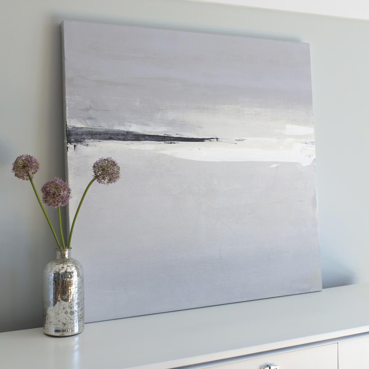 This abstract painting by Julia Contacessi features a cool greyscale palette and minimalistic composition. The artist describes this piece, saying, 