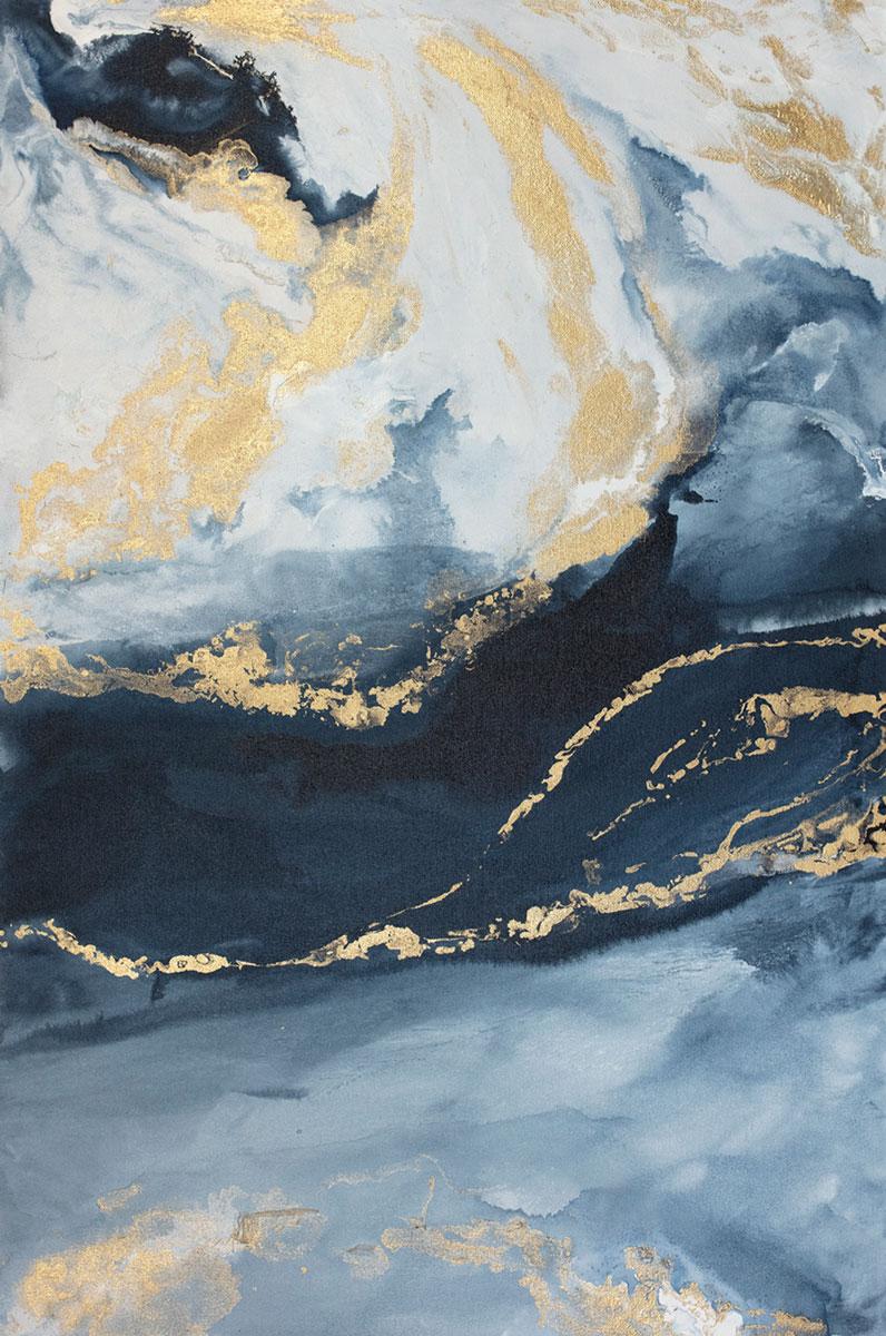 This abstract painting by Julia Contacessi features a light, coastal blue palette. Washes of blue and white are softly blended together with metallic gold paint layered over top in sweeping gestures. The painting is made on gallery wrapped canvas
