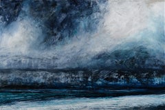 Foreshadow, peinture originale contemporaine de paysage abstrait bleu sur toile