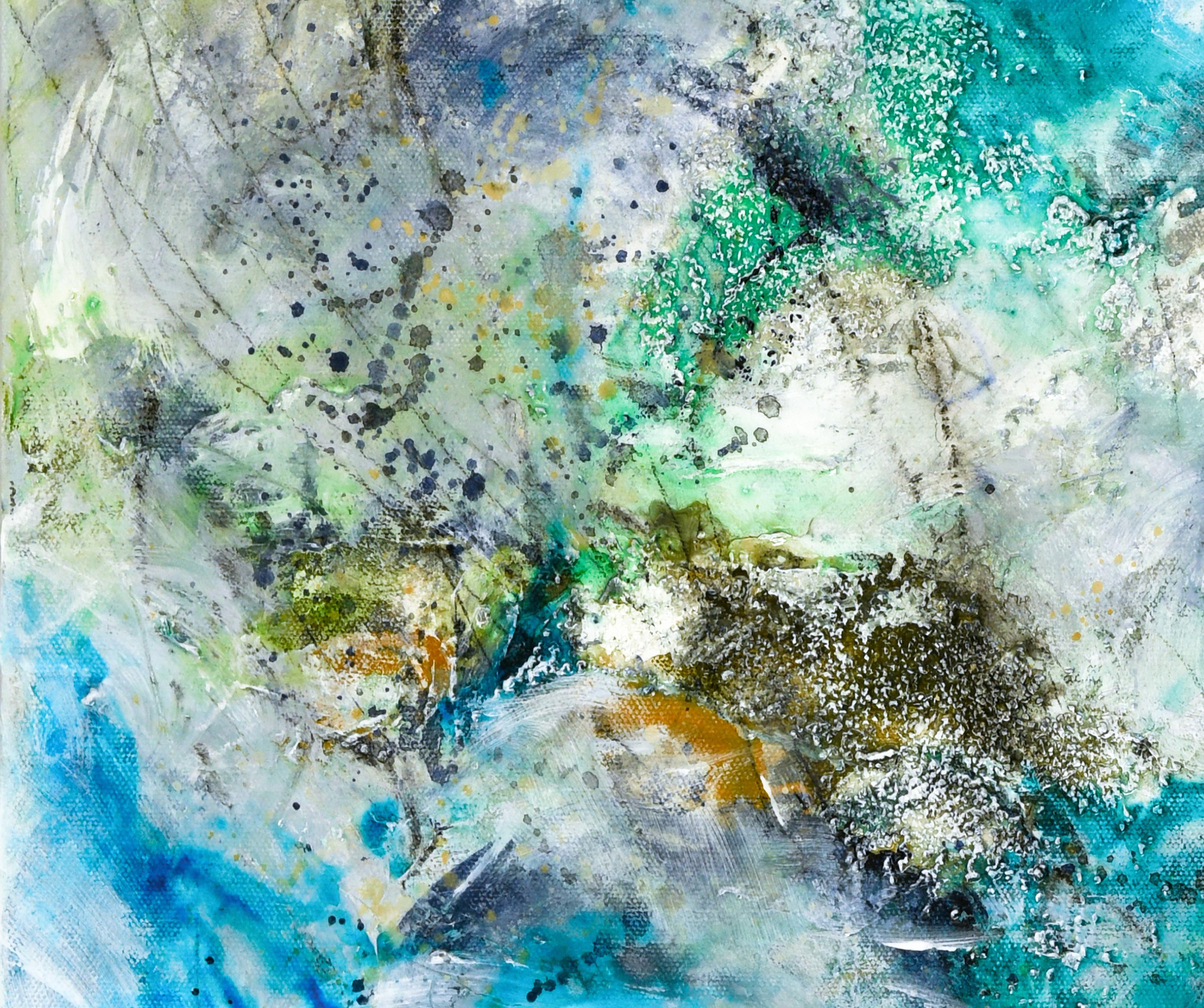 FROLIC, Original Signed Contemporary Blue Green Abstract Expressionist Painting For Sale 2