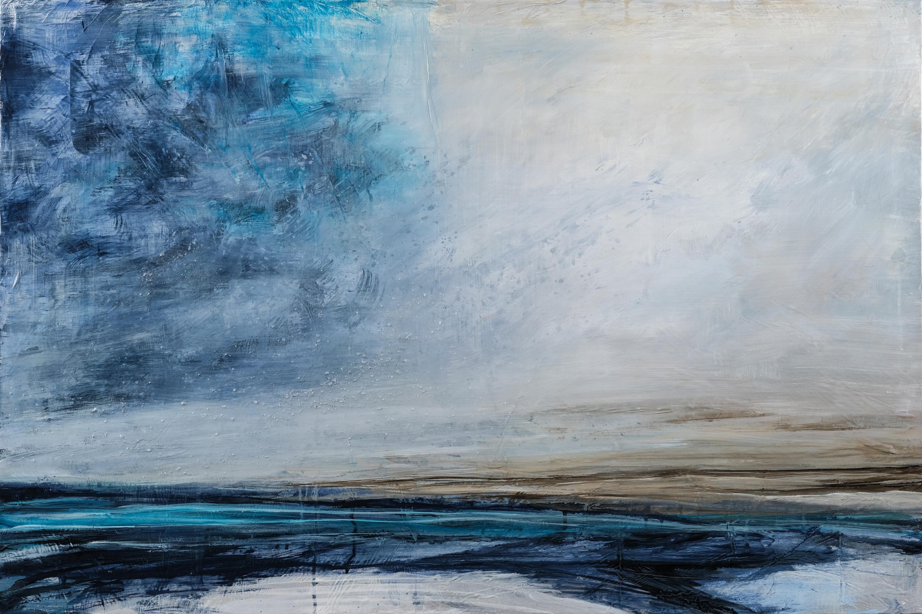 Interlude, peinture originale contemporaine de paysage côtier abstrait bleu