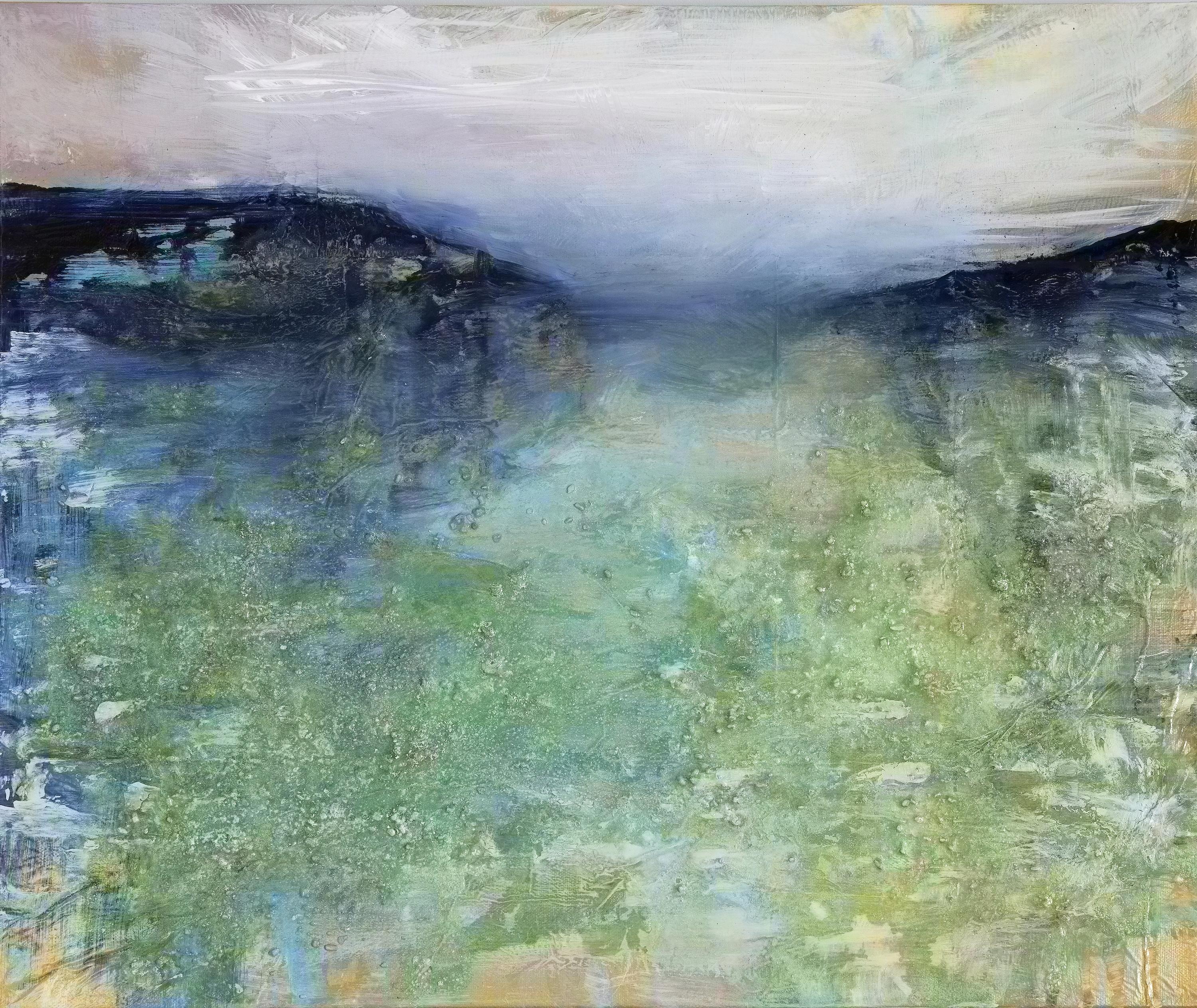 Precipice, Original Contemporary Abstract Landscape Painting on Canvas
20x24 (HxW), Mixed Media

Another abstract landscape study by artist Julia Di Sano, this nature-inspired painting features a soft color palette of deep blues, creams, and green