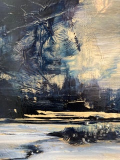 Solstice, peinture contemporaine originale d'un paysage d'hiver abstrait bleu et or