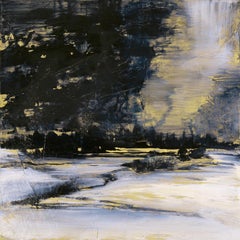 Solstice, peinture contemporaine originale d'un paysage d'hiver abstrait bleu et or