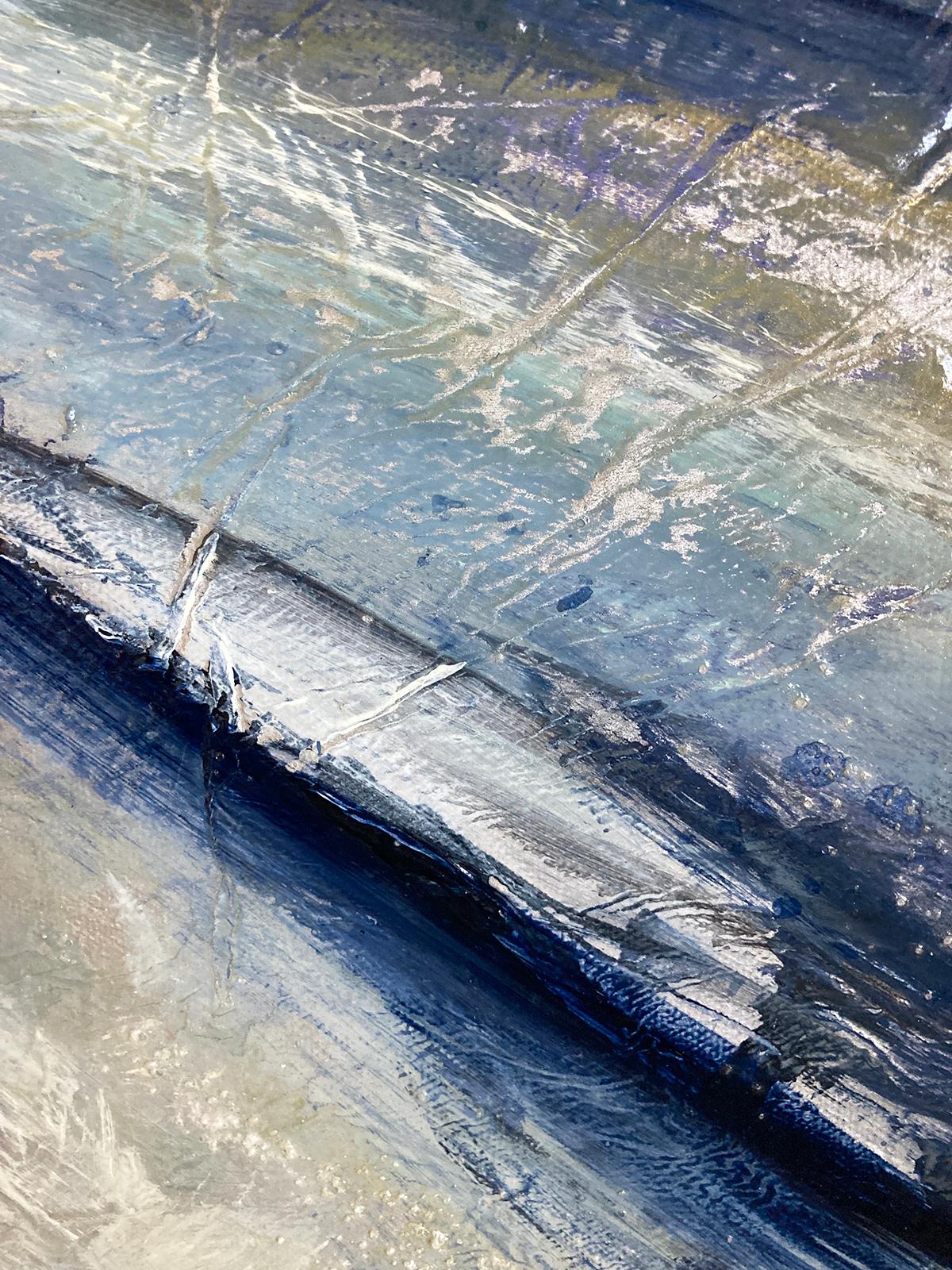 Time Waits for No One, Original Contemporary Blue Abstract Landscape Painting
36x24 (HxW), Mixed Media

The surface of this abstracted landscape is textured from scumbling and thick impasto application of paint, breathing life into the scene that