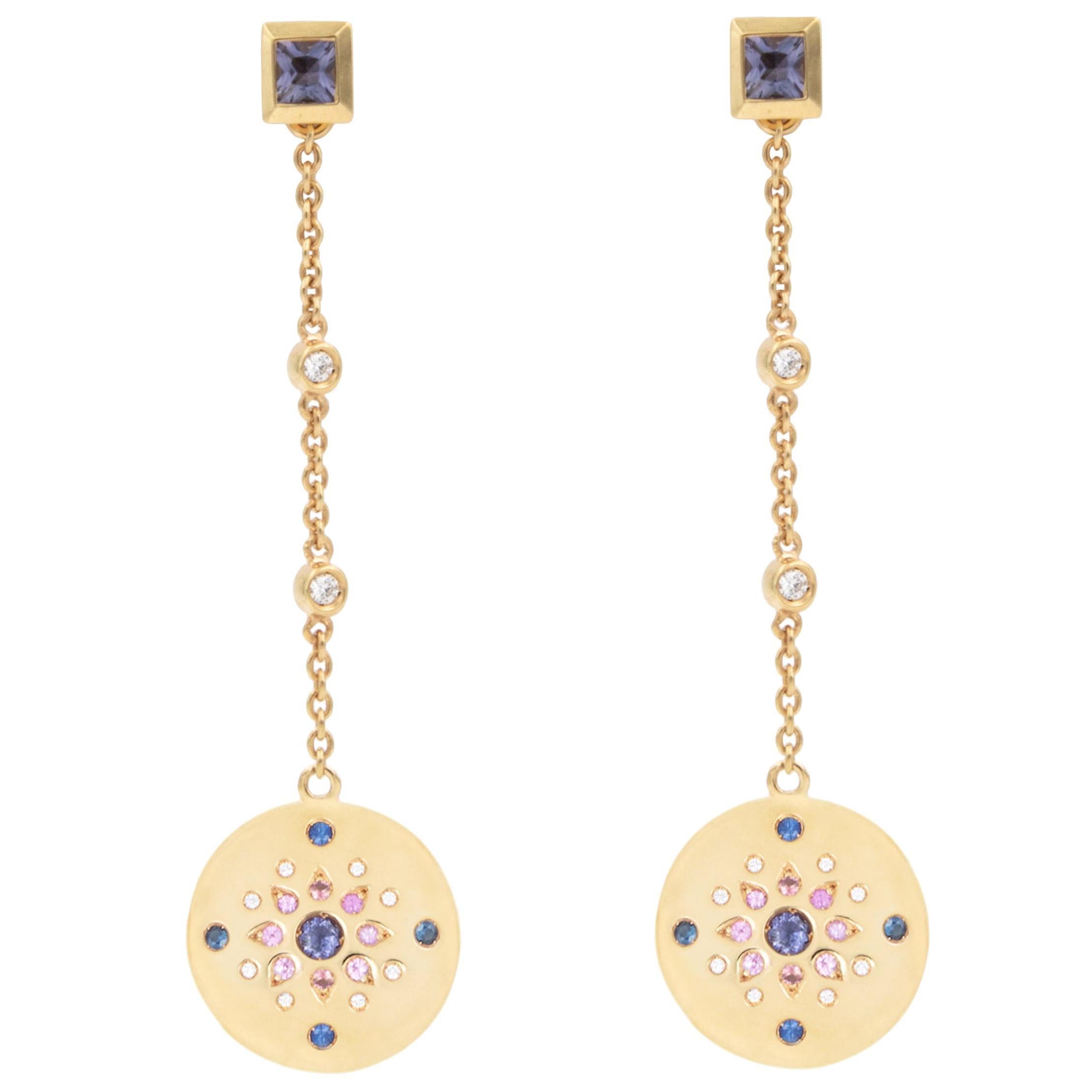 Julia-Didon Cayre 18 Karat Yellow Gold Diamond and Sapphire Long Dangle Earrings For Sale