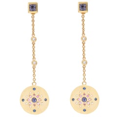 Julia-Didon Cayre 18 Karat Yellow Gold Diamond and Sapphire Long Dangle Earrings