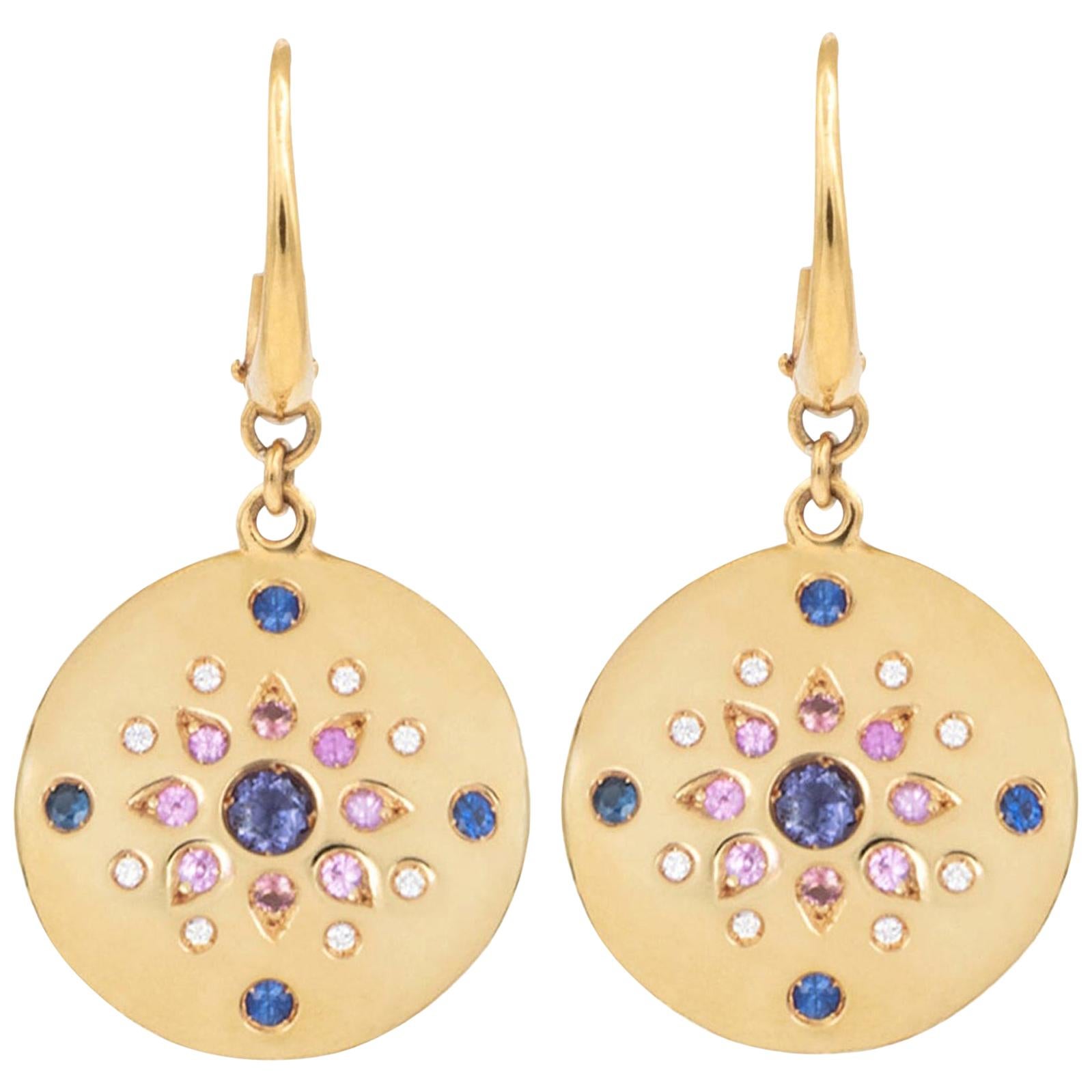 Julia-Didon Cayre 18 Karat Yellow Gold Diamond Earrings with Sapphires For Sale