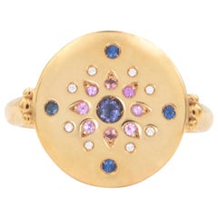 Julia-Didon Cayre 18 Karat Yellow Gold Diamond Ring with Sapphires