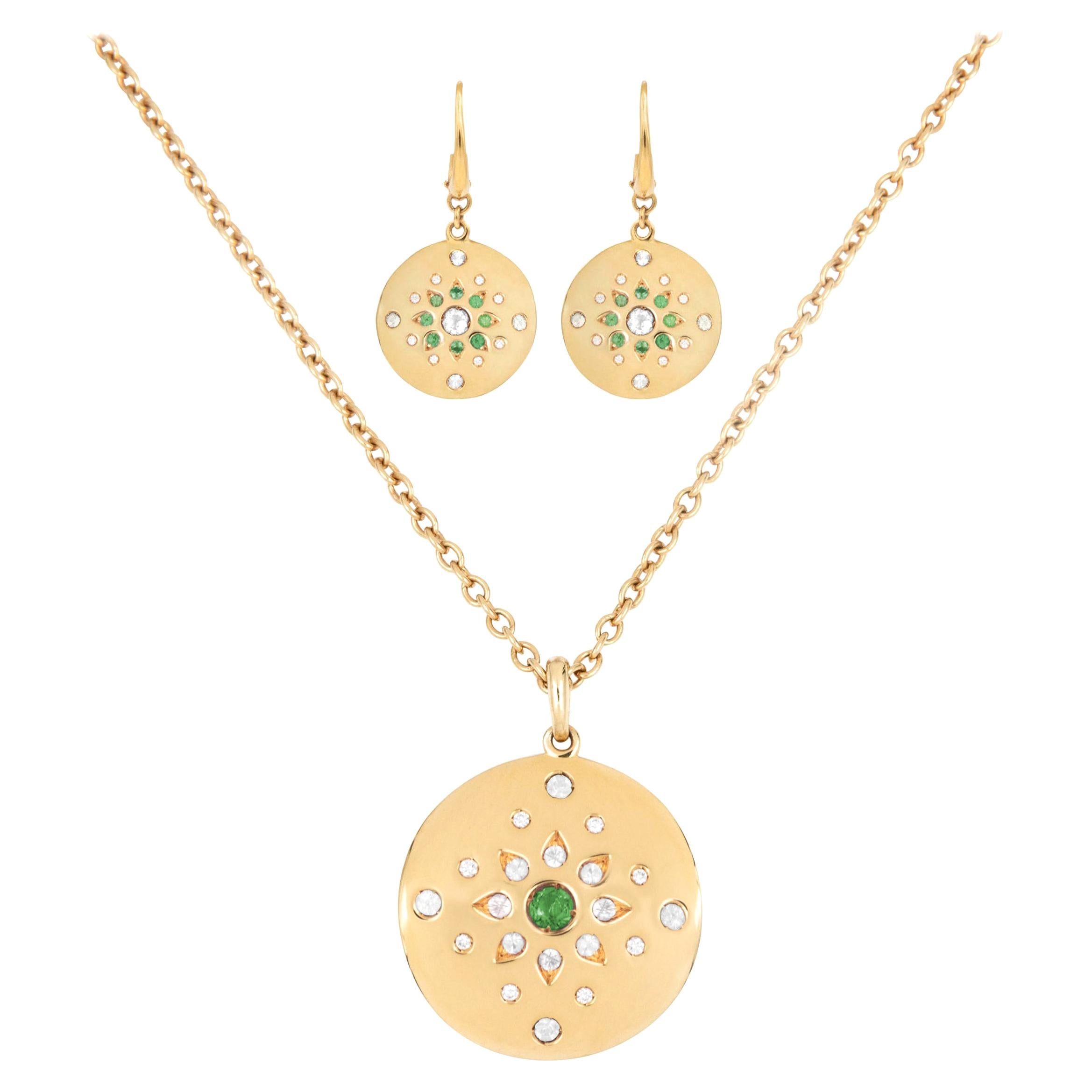 Julia-Didon Cayre 18 Karat Yellow Gold Emerald and Diamond Necklace Earring Set For Sale