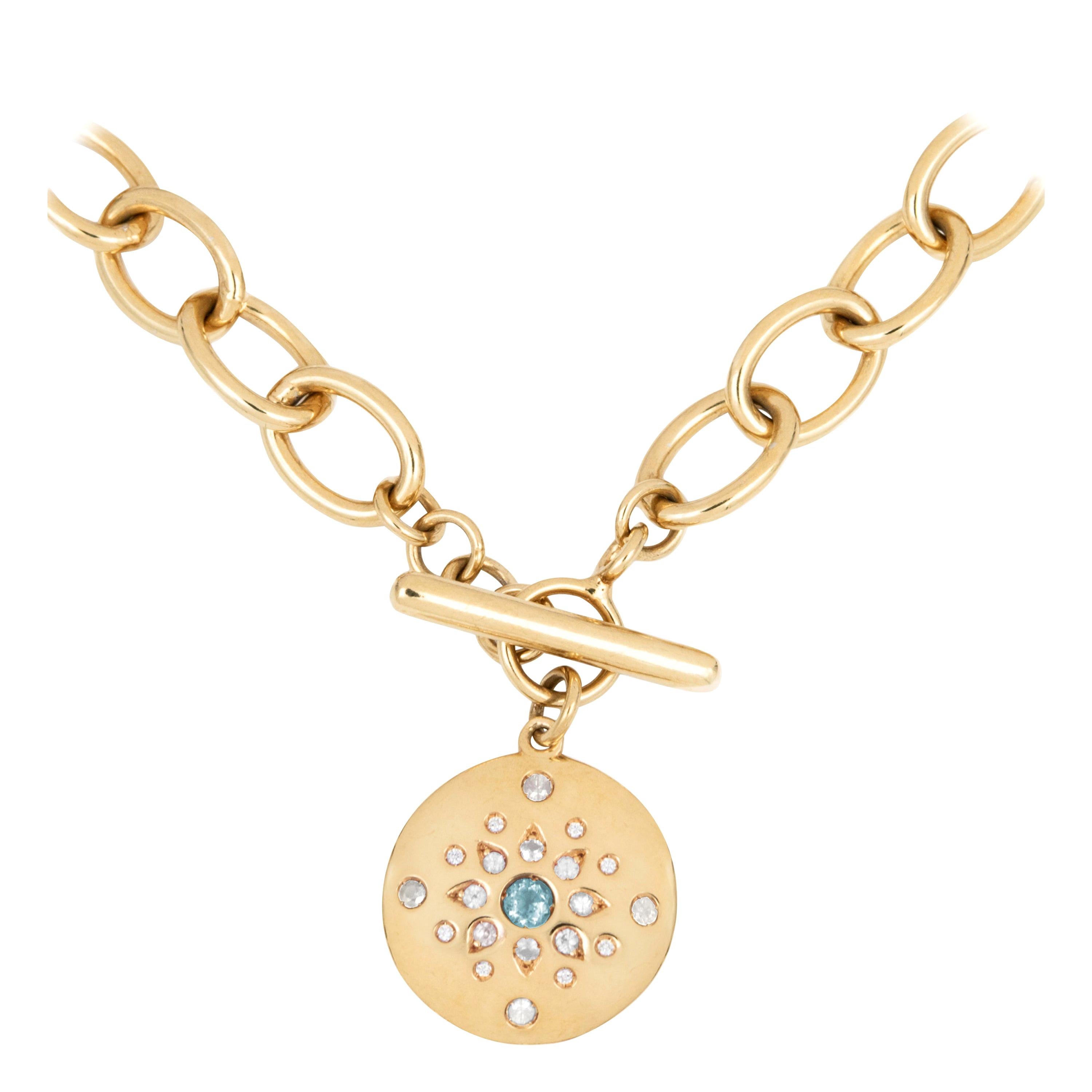 Julia-Didon Cayre Aquamarine and Diamond Necklace in 18 Karat Yellow Gold For Sale