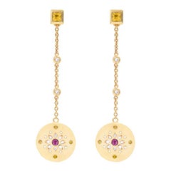 Julia-Didon Cayre Sapphire, Citrine and Diamond Earrings in 18 Karat Yellow Gold