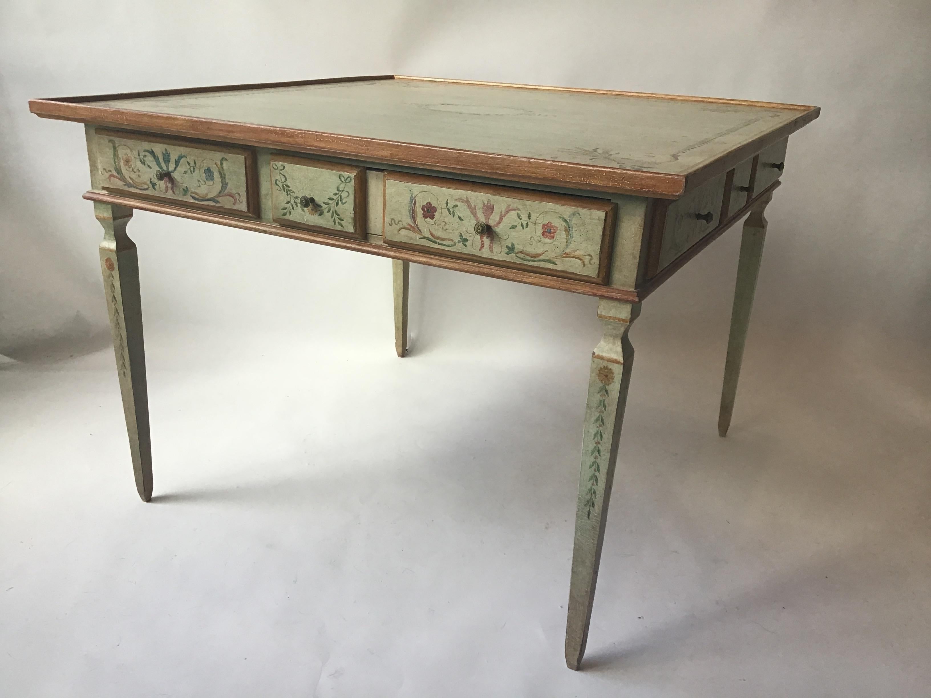 Julia Gray hand painted oversized 4 drawer game table. From an East Hampton, N.Y. estate.