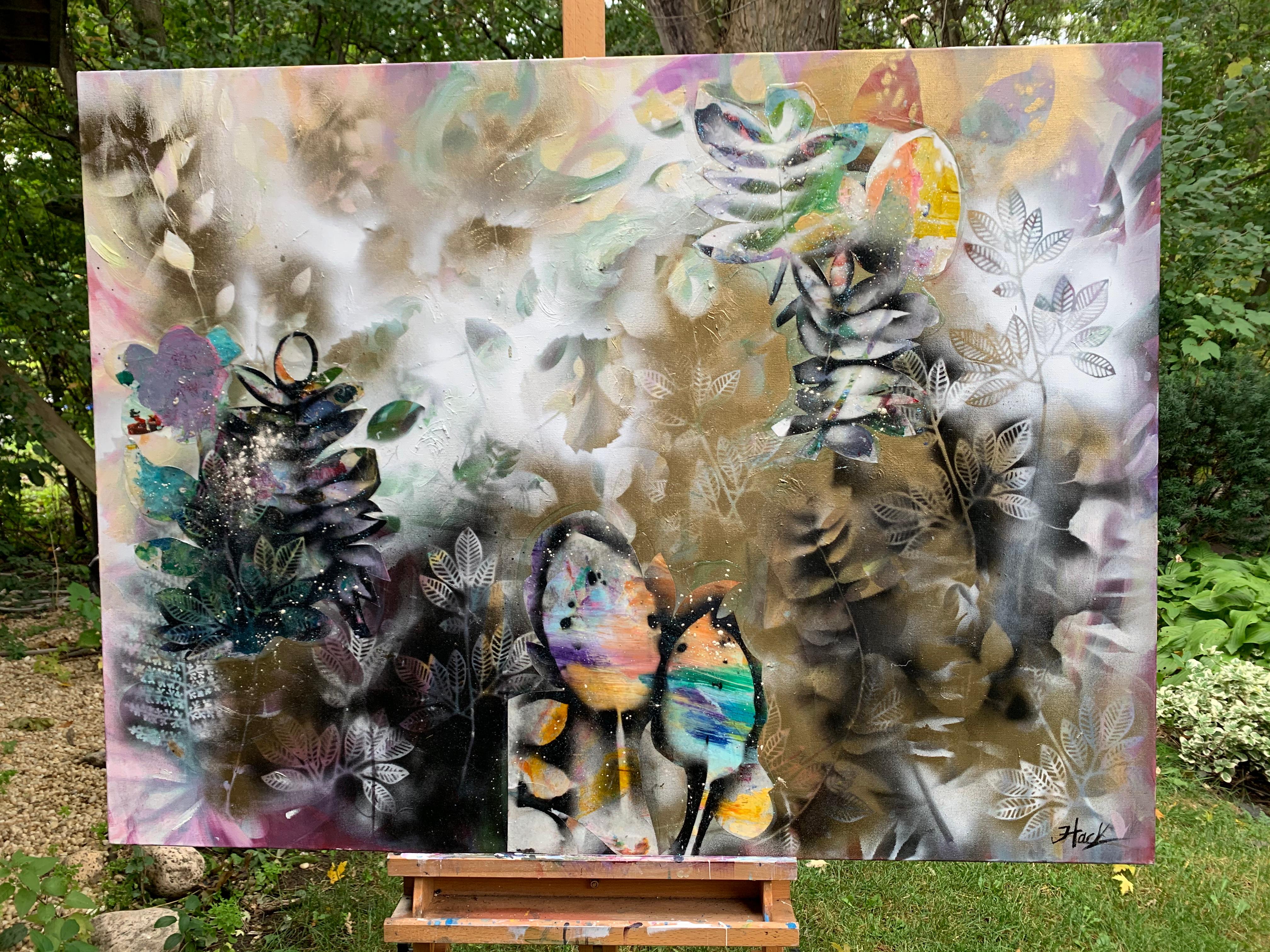 <p>Commentaires de l'artiste<br />Une scène de jardin abstraite et vivante, riche en motifs et en textures. L'artiste Julia Hacker a appliqué de nombreuses couches de peinture pour créer une surface attrayante. 