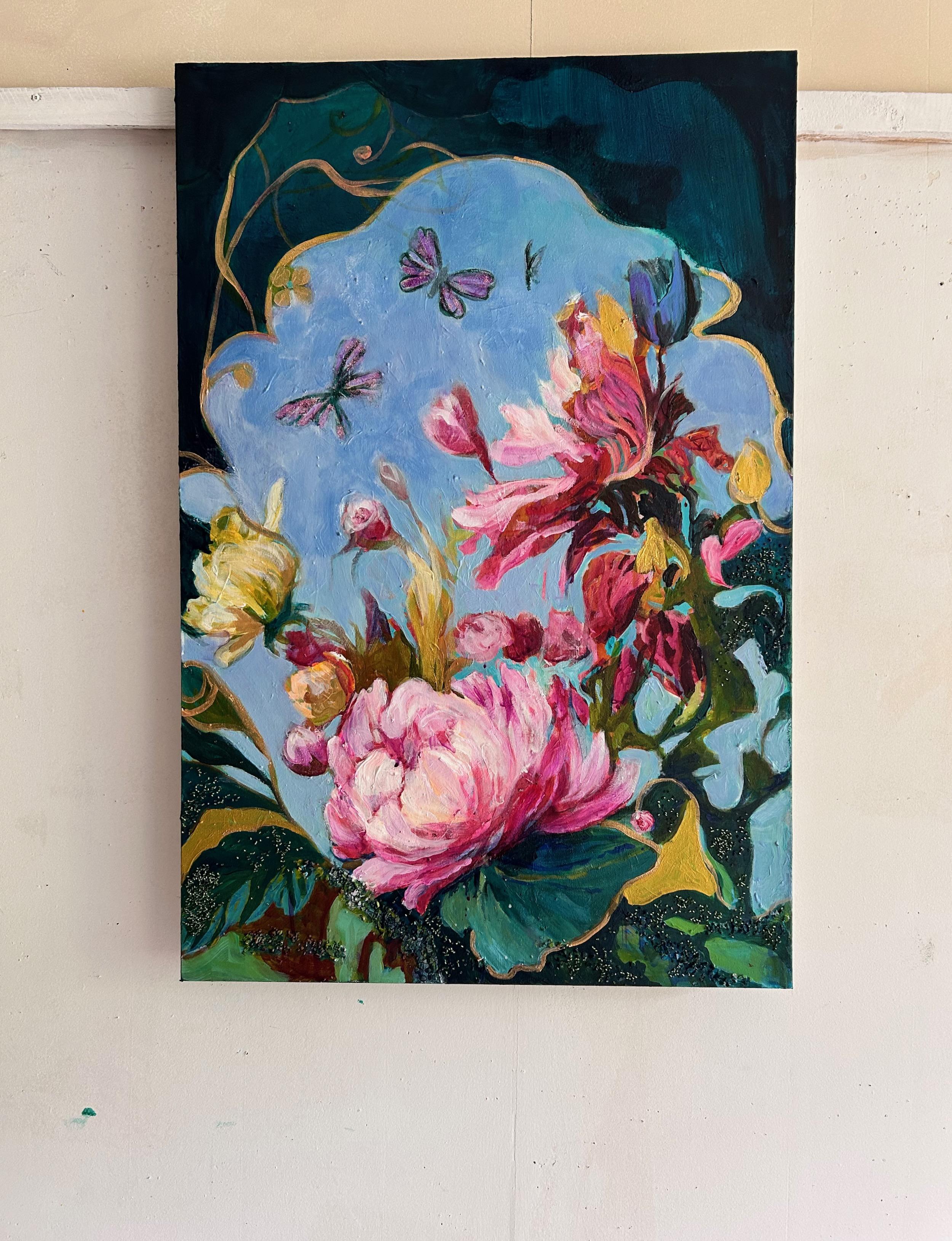 <p>Commentaires de l'artiste<br>L'artiste Julia Hacker crée une composition vibrante et vivante où des fleurs roses se balancent gracieusement au rythme d'une brise invisible. Les papillons volent dans le ciel bleu, attirés par le parfum des fleurs.