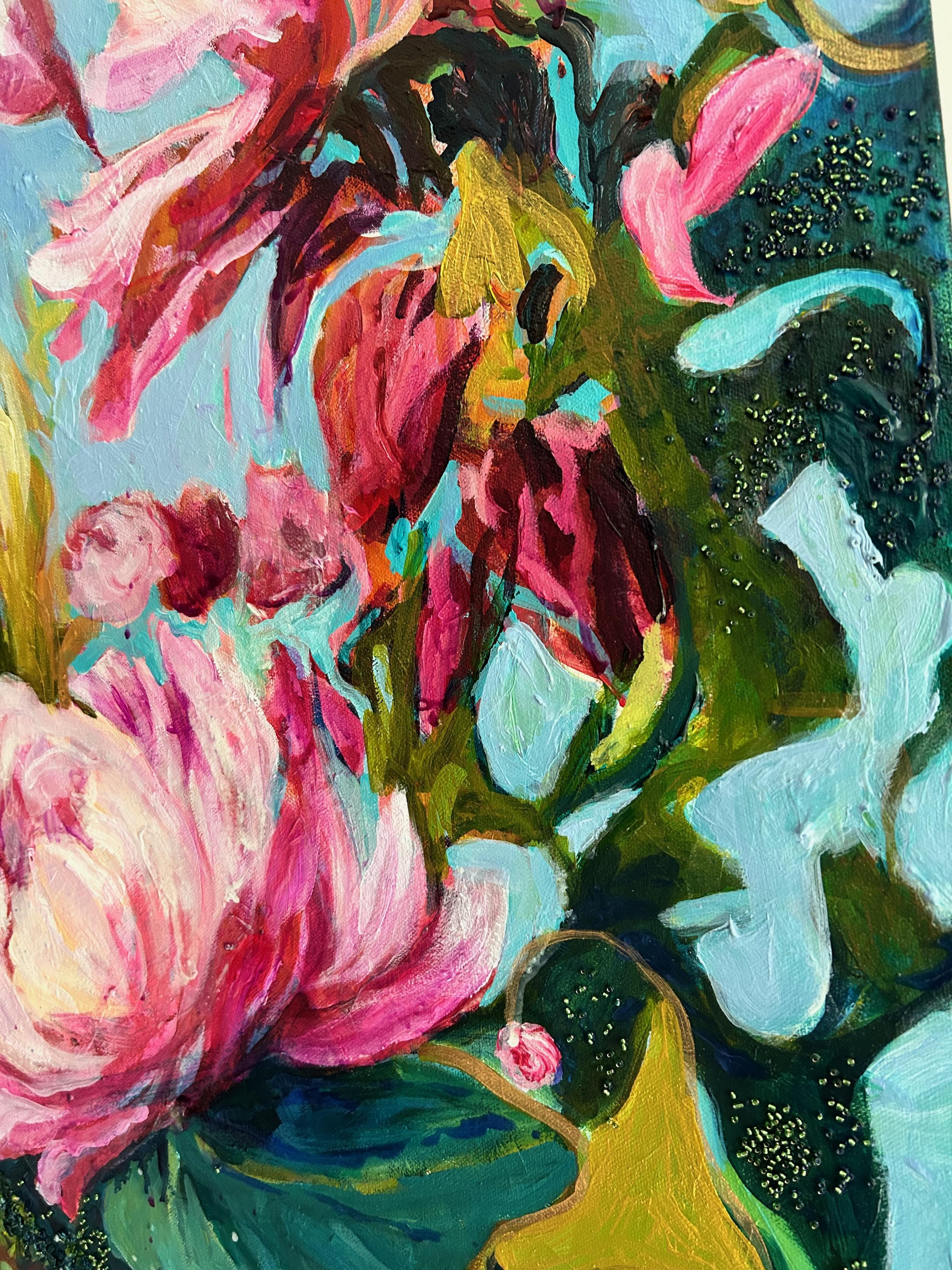 <p>Artist Comments<br>Artist Julia Hacker crafts a vibrant and lively composition where pink blooms sway gracefully to the rhythm of an unseen breeze. Butterflies flutter across the blue sky, drawn to the flowers' perfume. Inspired by the Baroque