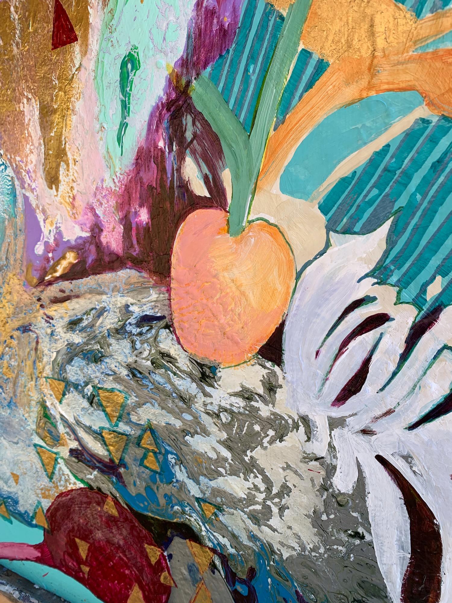 <p>Artist Comments<br>Artist Julia Hacker offers a visual treat of color, shape, and dynamic composition. Pink and white flora with various fruits springs from fluid rock-like formations highlighted with silver and gold metallic paint. This shimmer