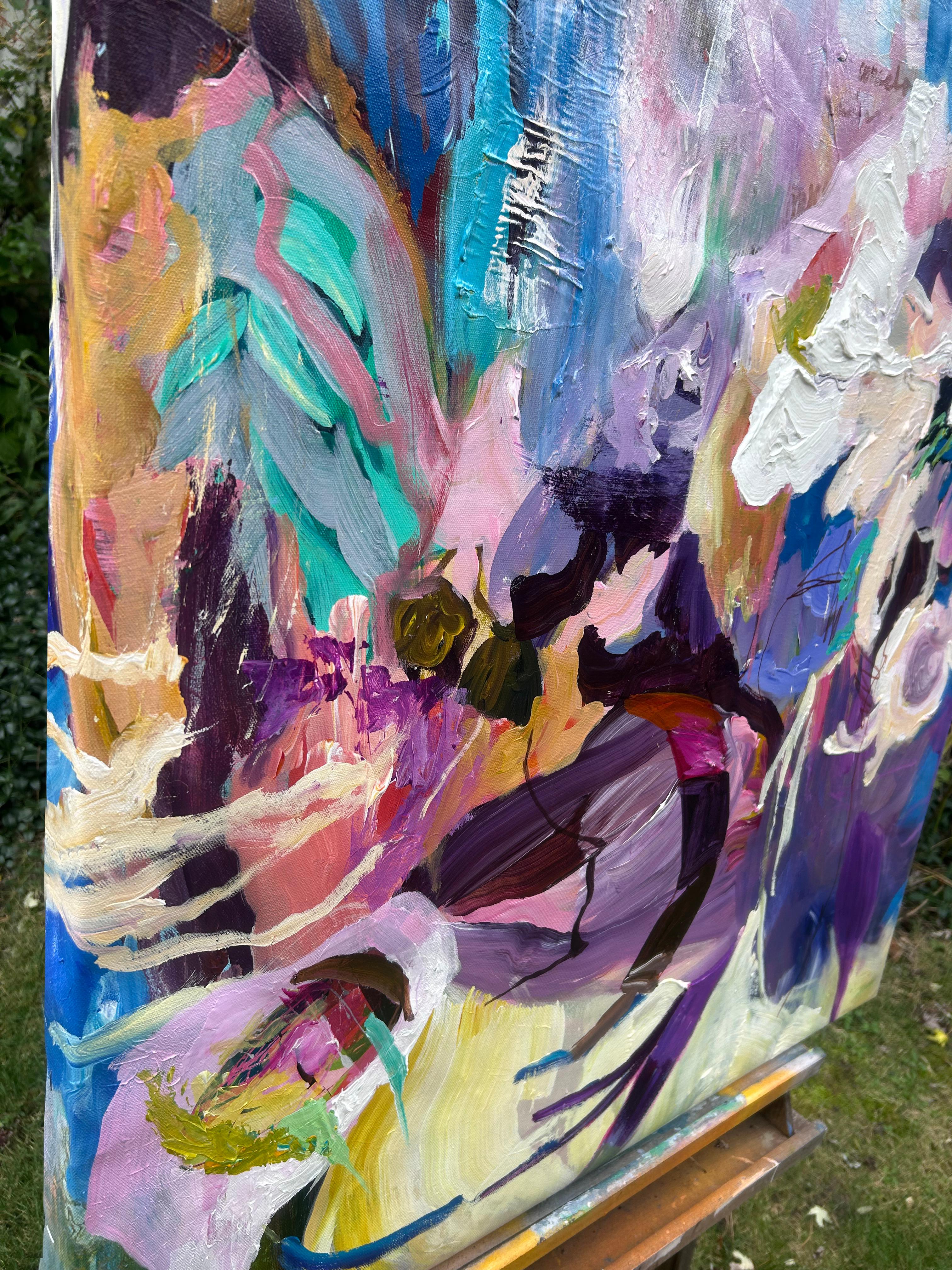 <p>Artist Comments<br>Bold contrasts and intricate textural details define this large abstract painting. The striking blue, purple, and yellow florals imbue a dreamy quality into the composition, while light magenta and white accents fill the gaps,