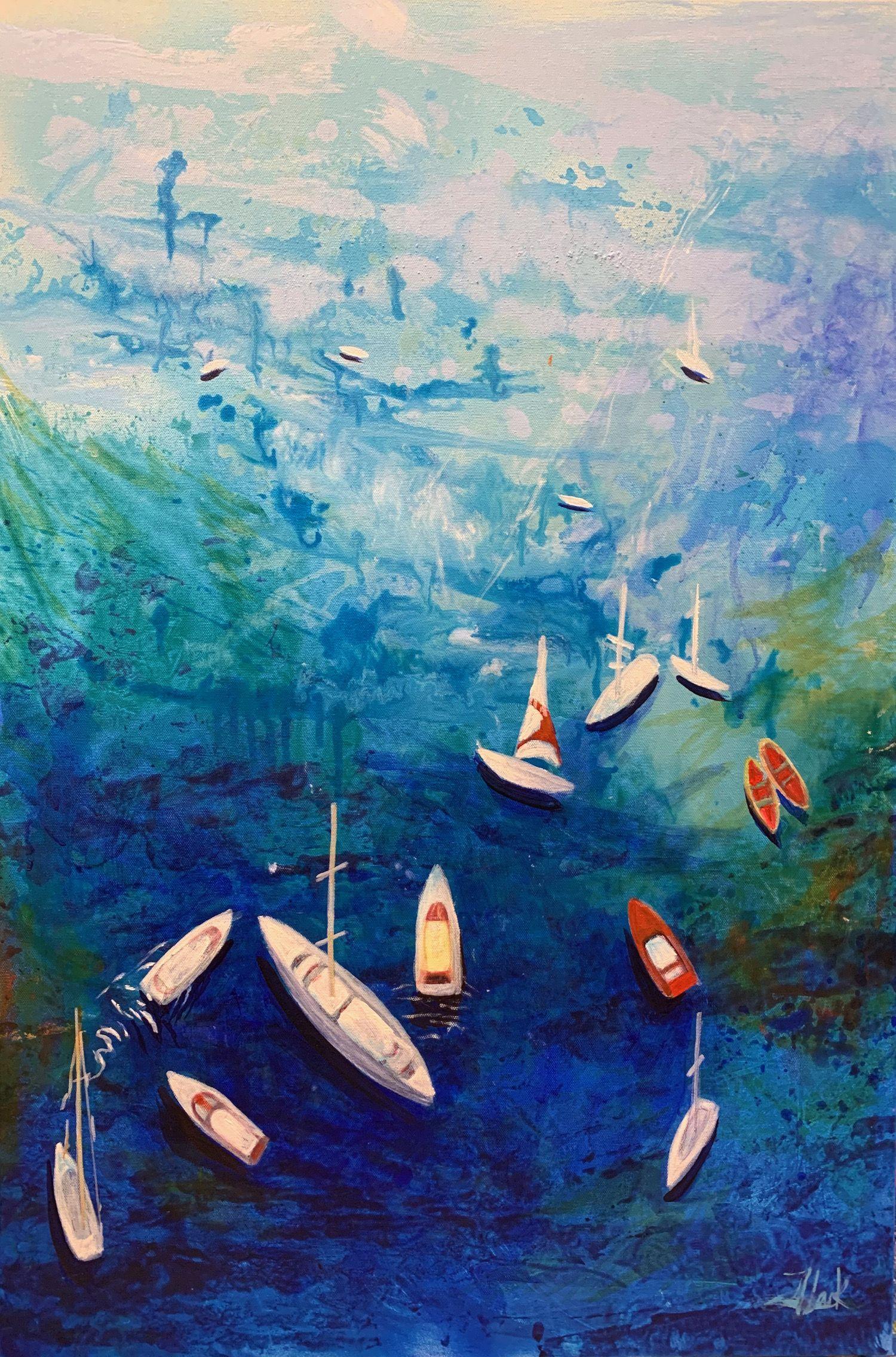 Boîtes et mers., peinture, acrylique sur toile - Painting de Julia Hacker