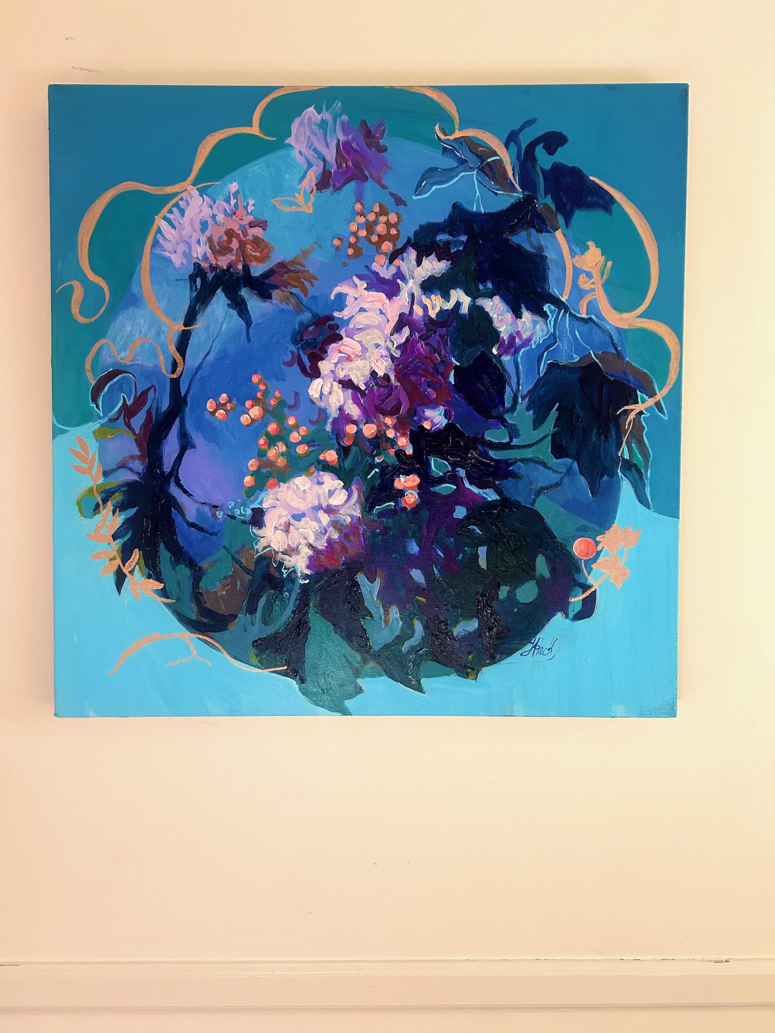 <p>Artist Comments<br>A captivating floral piece in soothing shades of blue blends with a Baroque-inspired design. With its circular composition reminiscent of a globe, artist Julia Hacker adds loosely painted flowers to create a harmonious display.