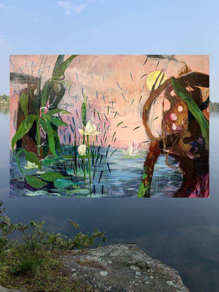 Meditative place at the water. Acrylic painting is inspired by shimmering colors and rapid changes in the sky and water in the cool mornings. The artist used layers of acrylic paint creating textures and shimmering colors. The large landscape