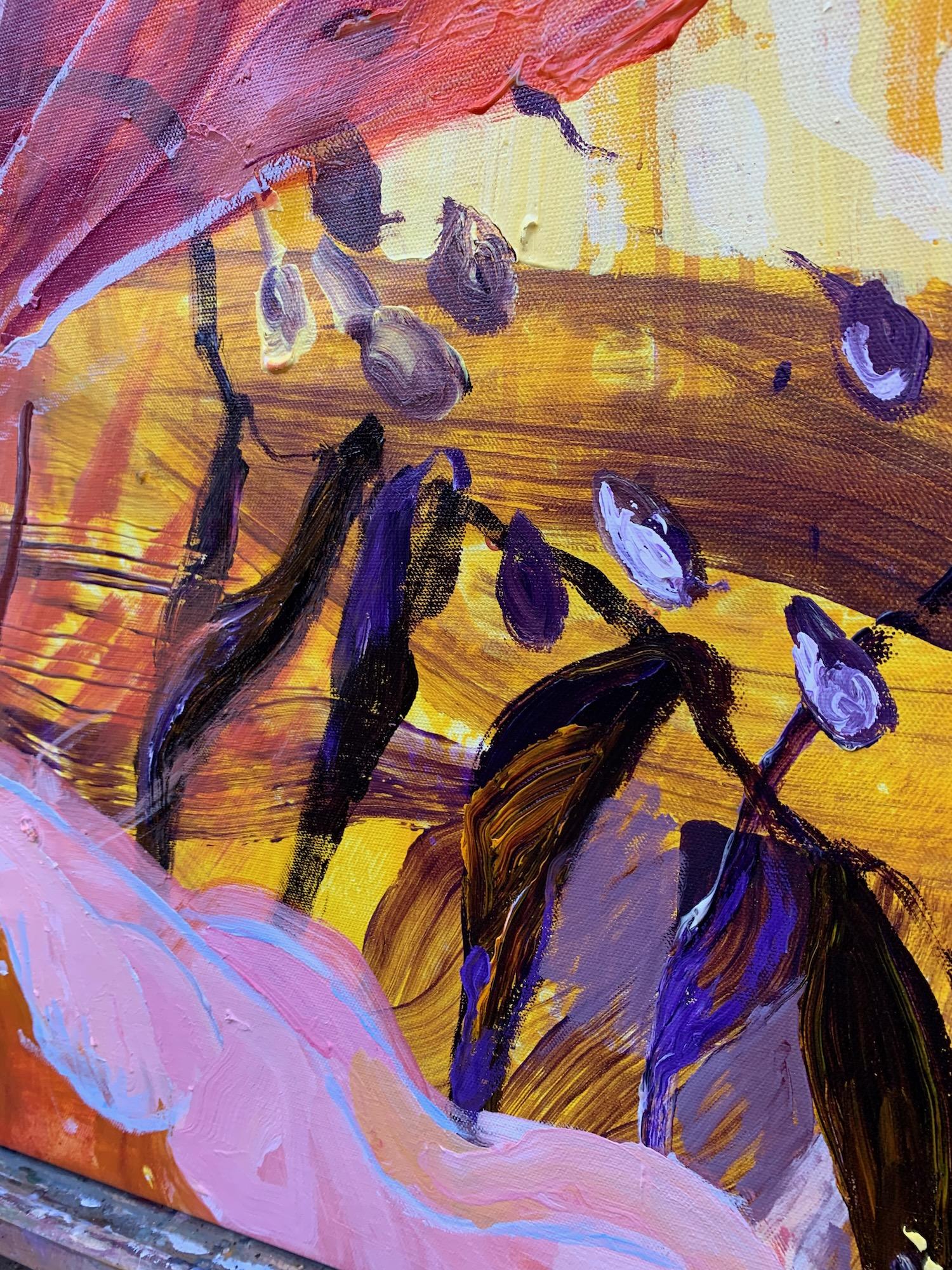 <p>Artist Comments<br>A blooming cascade of florals in shades of pink, purple, yellow, and red by artist Julia Hacker. Using acrylic paint applied in various textures, Julia creates an abstract inspired by a particularly sunny morning in the garden.