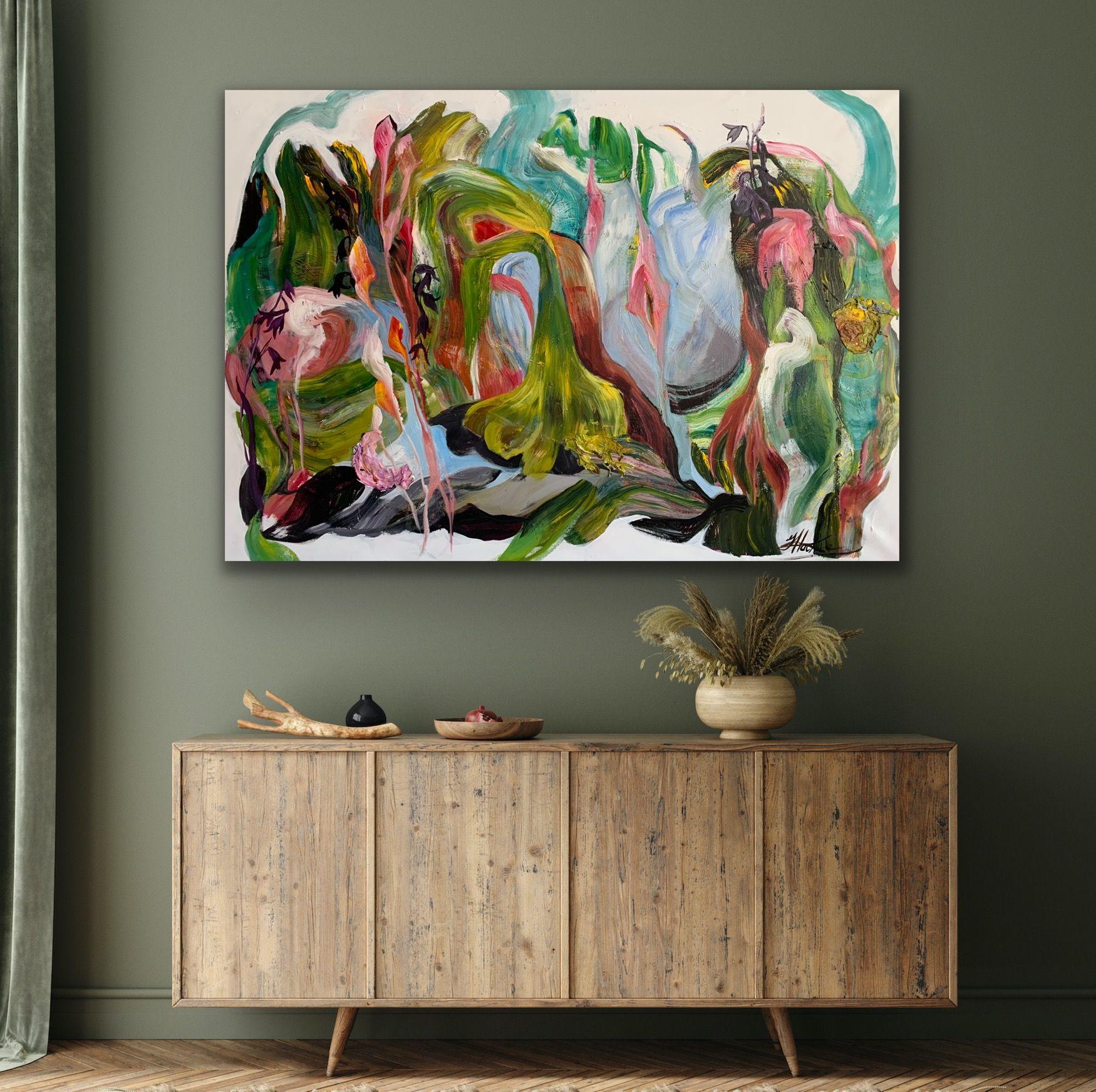 Large contemporary landscape. Gestural movements of brushstrokes create sensuality of form and subtle pinks, surrounded by rich green colours. Artist hopes to provoke a sense of passion and joy of being connected to our Earth.  Painting ships rolled