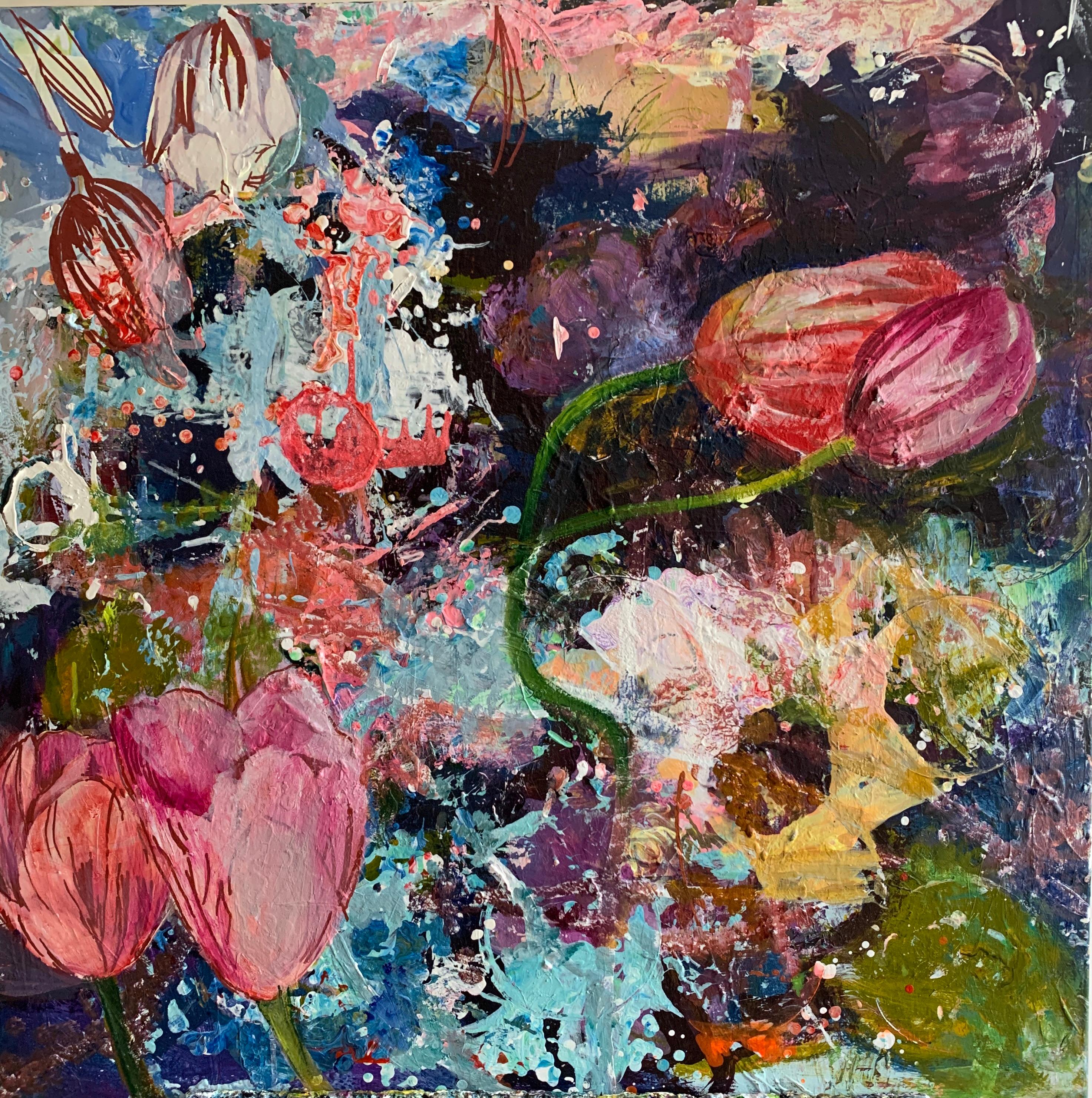 Julia Hacker Abstract Painting - Floral Extravaganza, Abstract Oil Painting