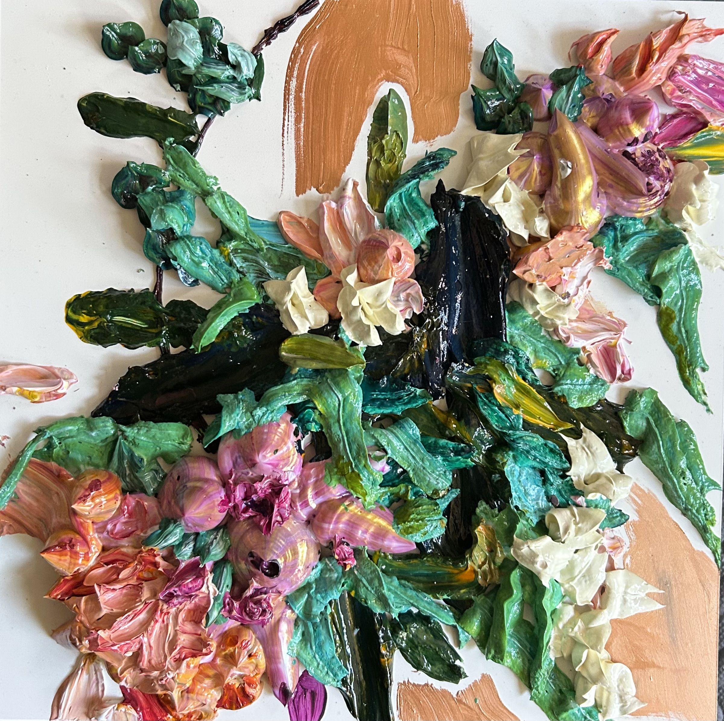 Julia Hacker's latest direction in art is experimenting with different material qualities of paint. Recently the artist started using very thick applications of acrylic paint. She sculpts with heavy, delicious gell-like paint, creating 3d flowers