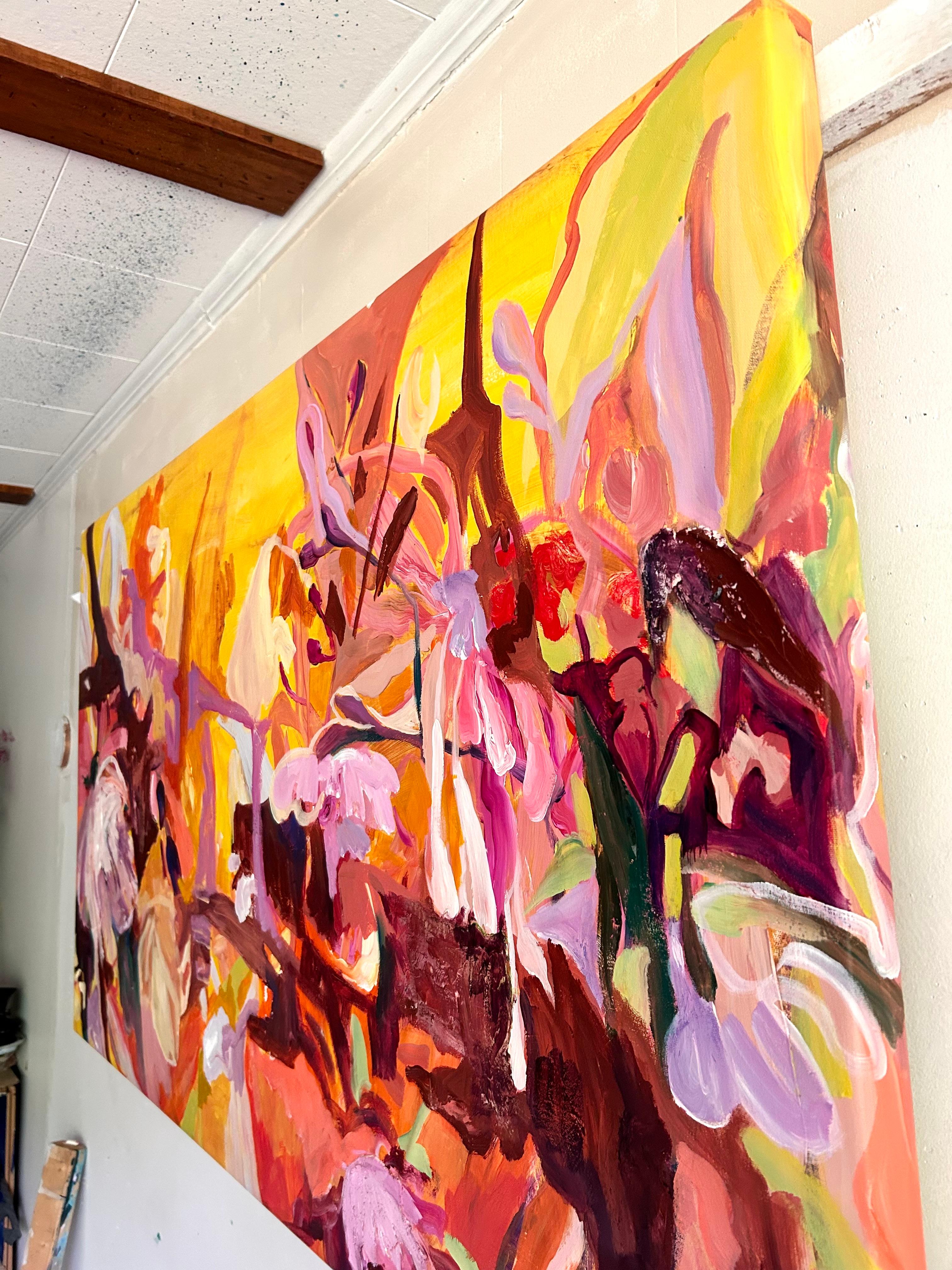 <p>Artist Comments<br>Artist Julia Hacker presents an abstract floral that showcases vibrant orange, pink, and yellow botanicals that exude passion and joy. The energetic color palette represents the organic shapes of plants. Swirls and loops create