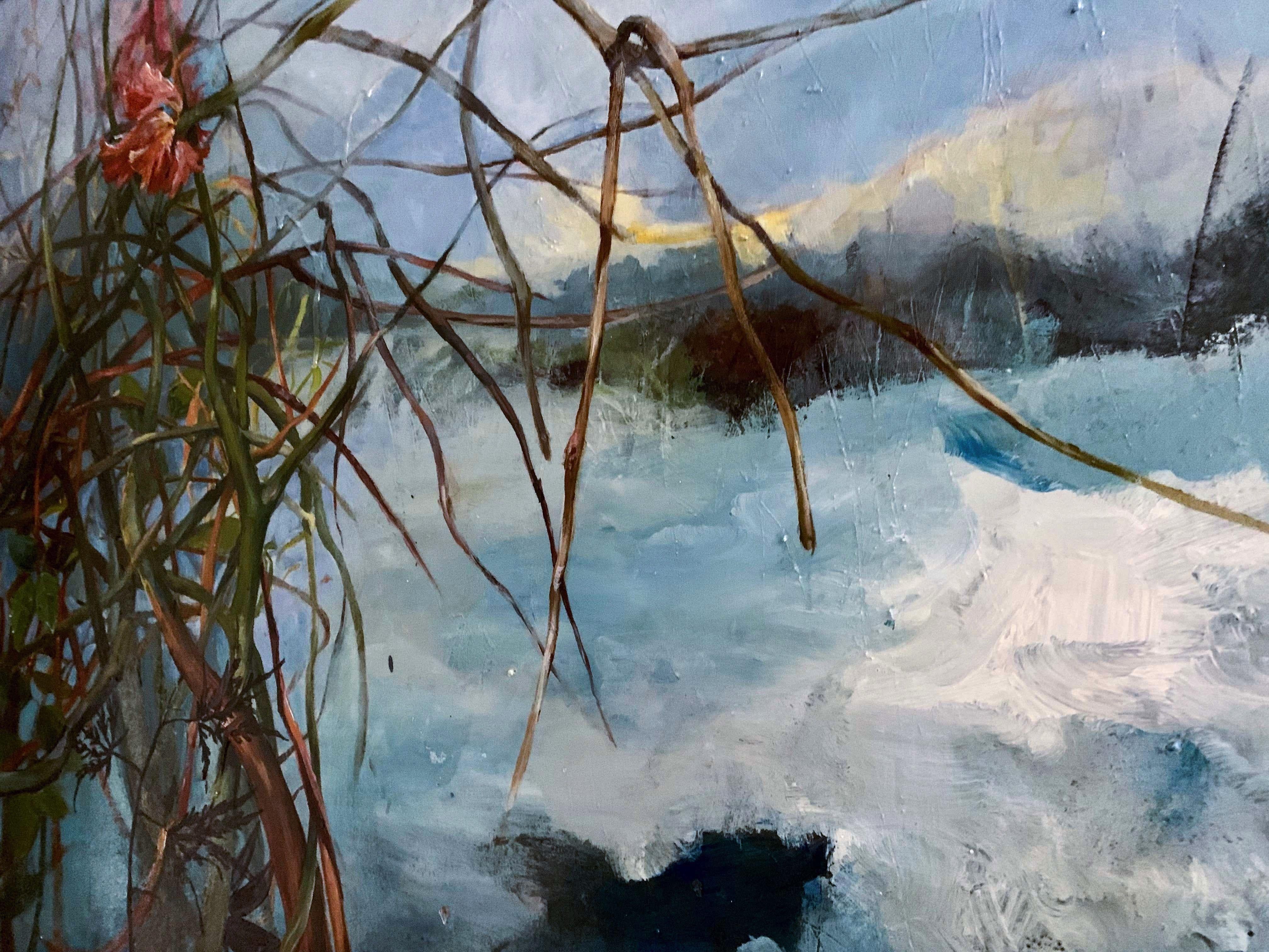 Vue d'un lac à la fin de l'automne, peinture, acrylique sur toile en vente 1