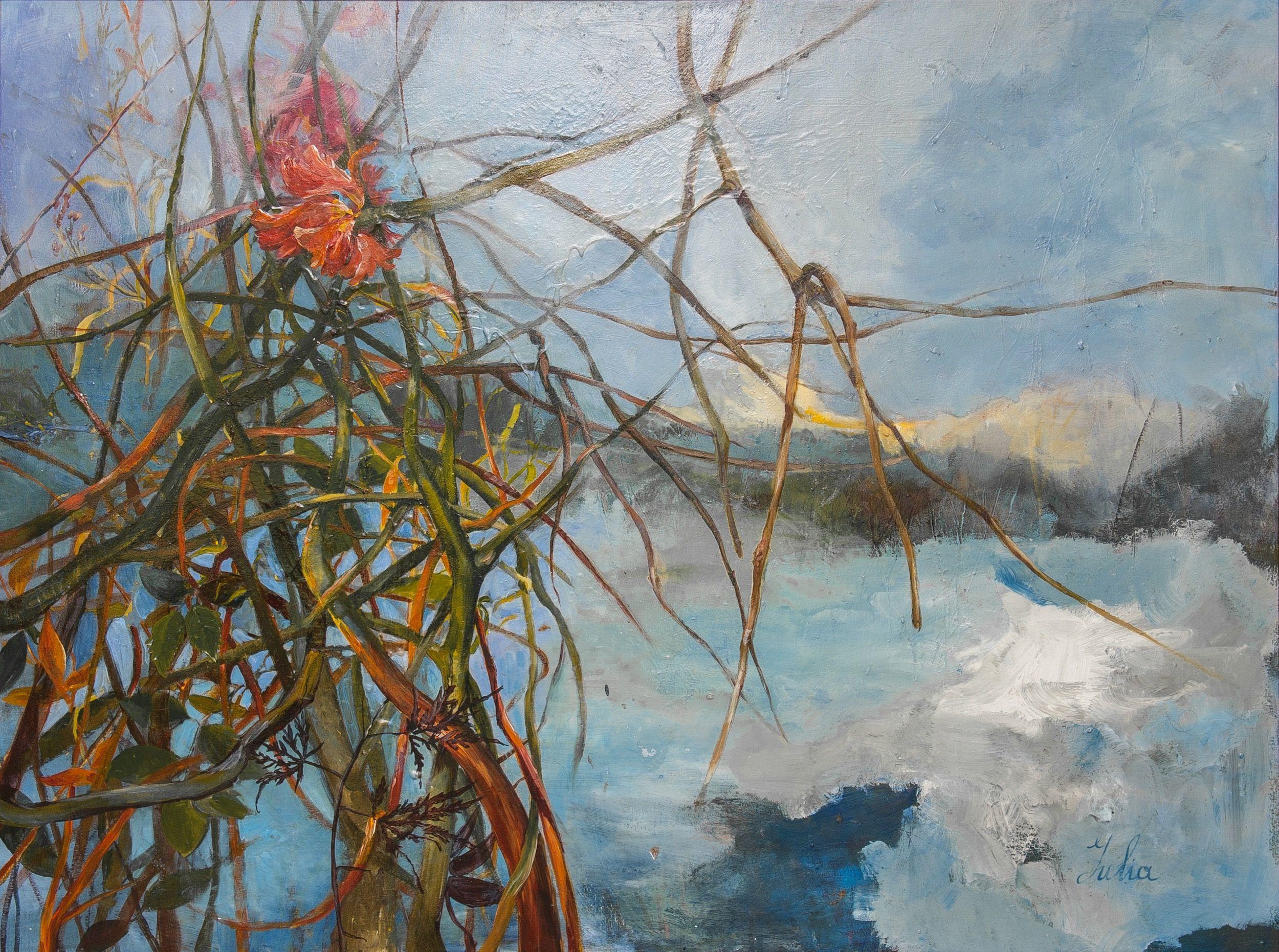Vue d'un lac à la fin de l'automne, peinture, acrylique sur toile - Painting de Julia Hacker