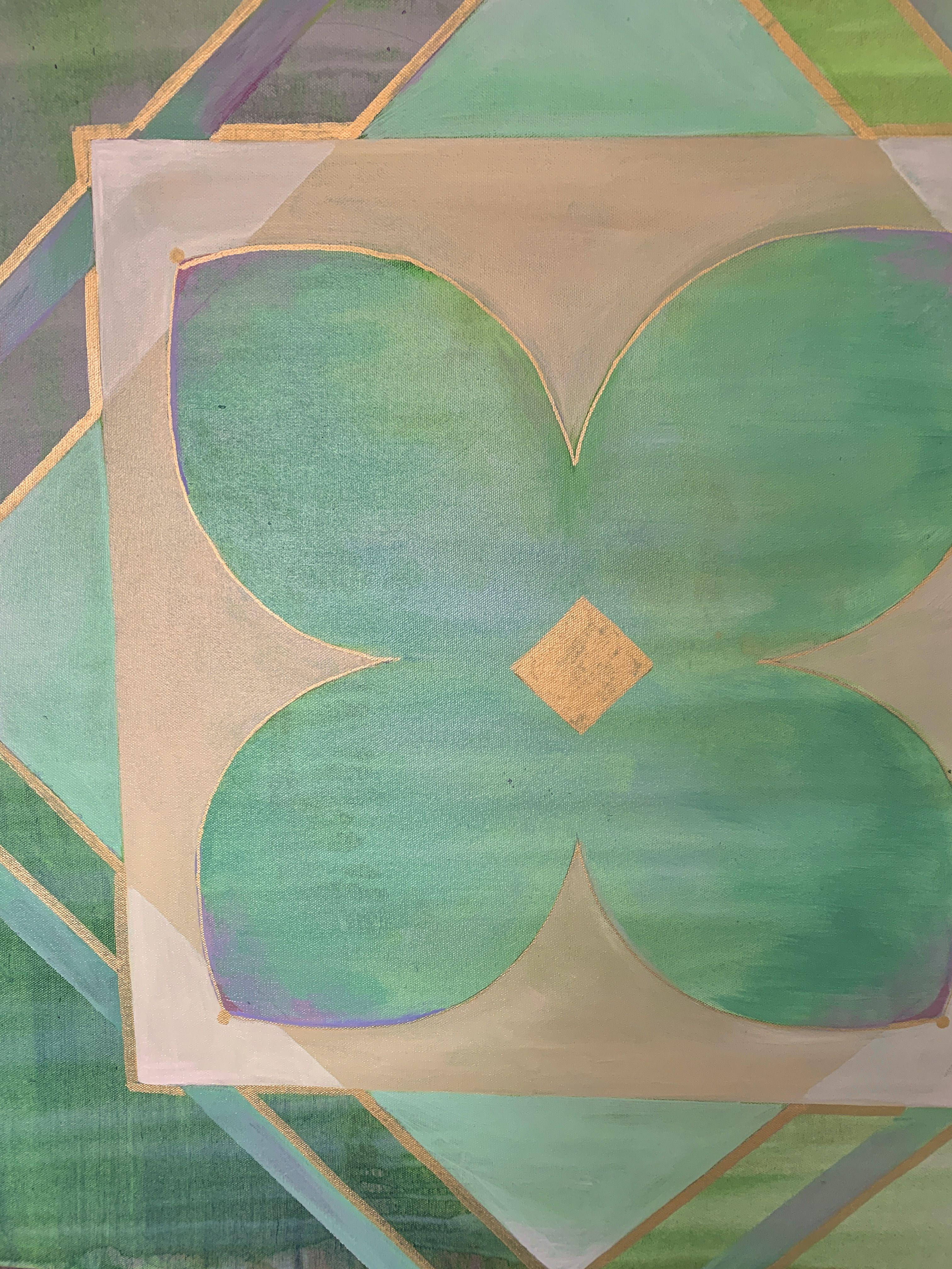 Das abstrakte Originalgemälde wurde im Stil der Hard-Edge-Malerei geschaffen, die von Frank Stella entwickelt wurde. Die Hard-Edge-Malerei beschreibt einen abstrakten Stil, der die klare Komposition der geometrischen Abstraktion mit meist intensiven