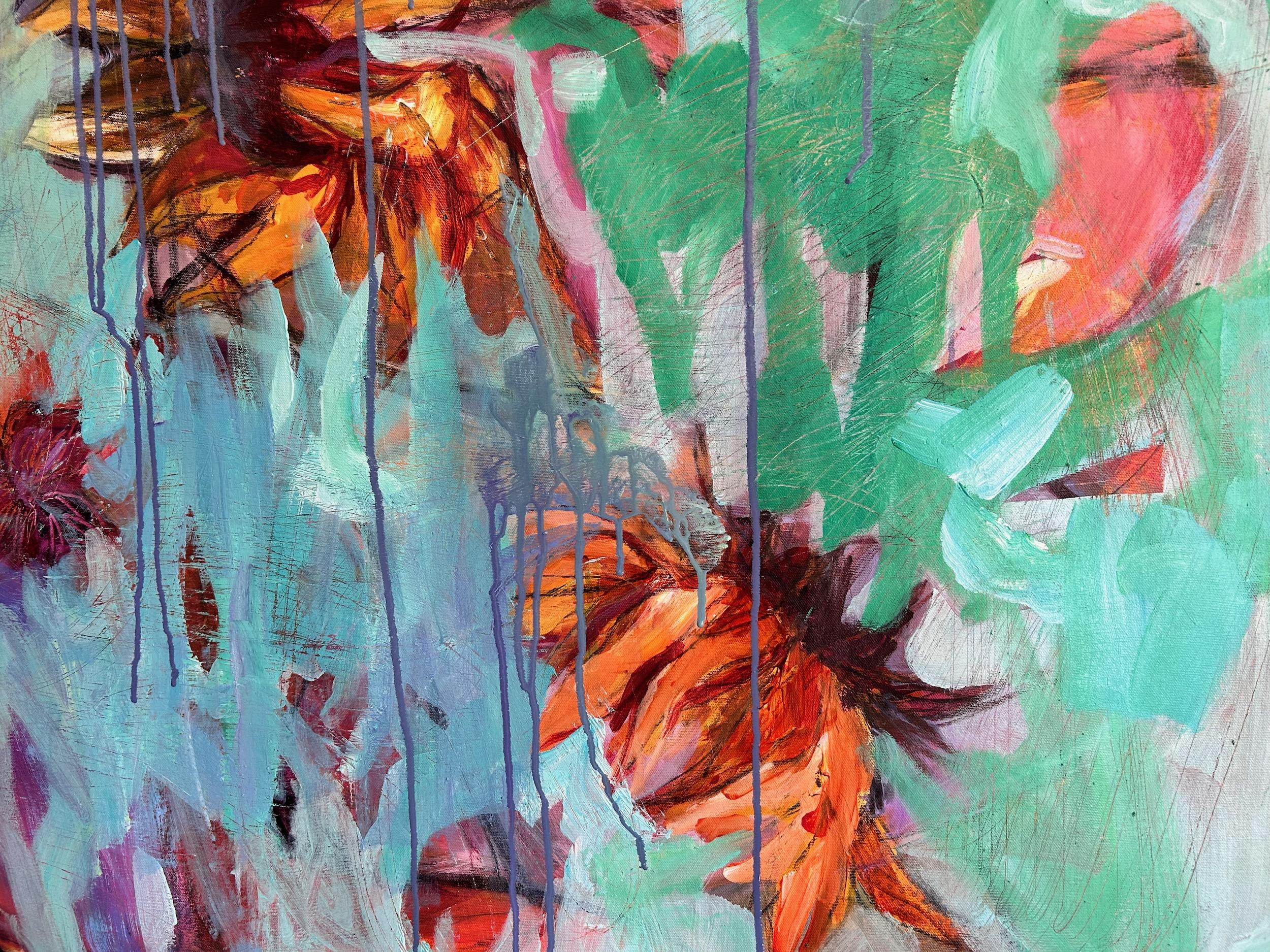 <p>Commentaires de l'artiste<br>L'artiste Julia Hacker présente une œuvre abstraite florale composée de tournesols qui semblent suspendus dans l'air. Des teintes sereines et calmes de bleu et de sarcelle enveloppent les fleurs naissantes, masquant