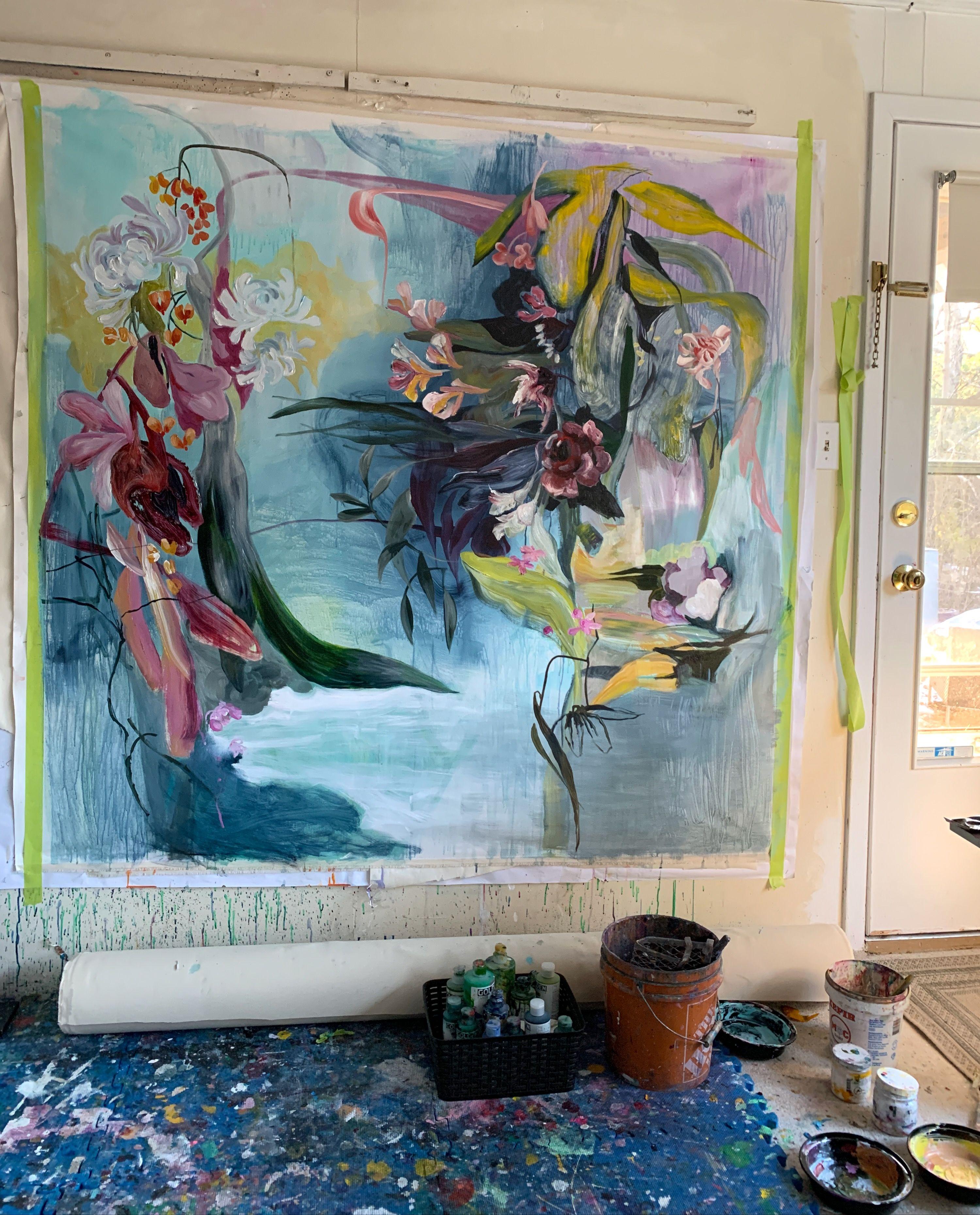 Oversized lyrical painting creates a sense of mystery floral garden. Painting is inspired by the book titled The secret garden. Artwork is shipped rolled in a protective tube and could be stretched at your local gallery. :: Painting :: Abstract