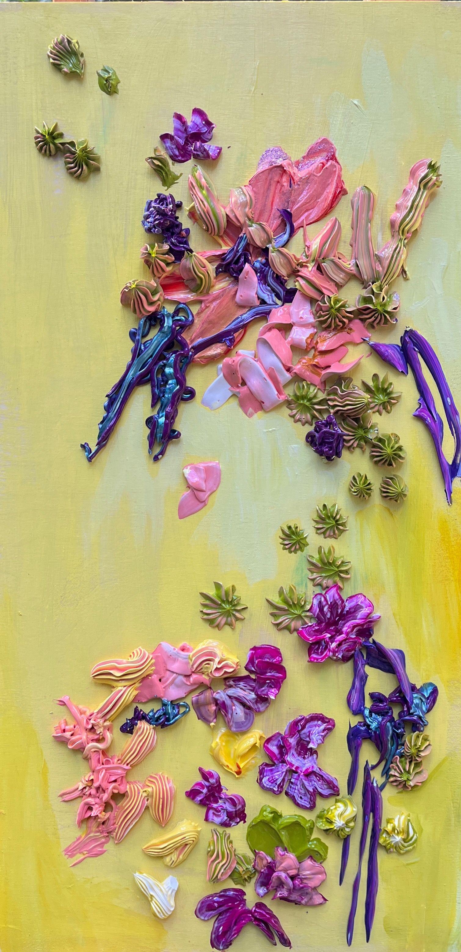 Julia Hacker's latest direction in art is experimenting with different qualities of paint. Recently the artist started using very thick applications of acrylic paint. She sculpts with heavy, gell-like paint, creating 3d flowers on the wood panel.