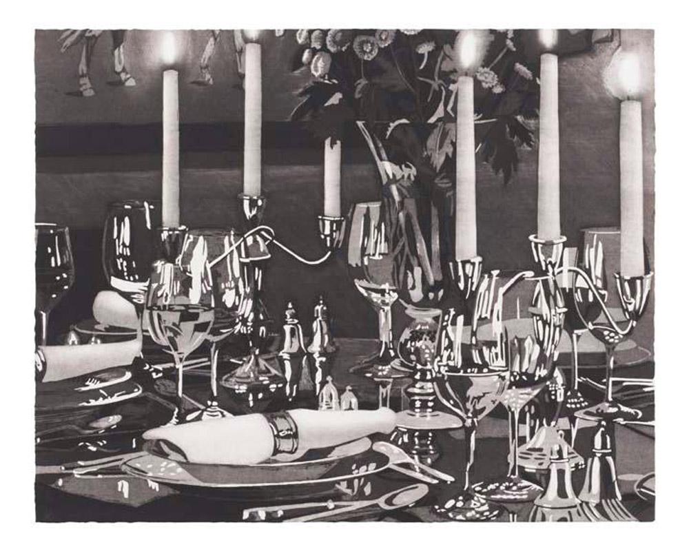 Julia Jacquette Still-Life Print - Dining Room with Horse Painting