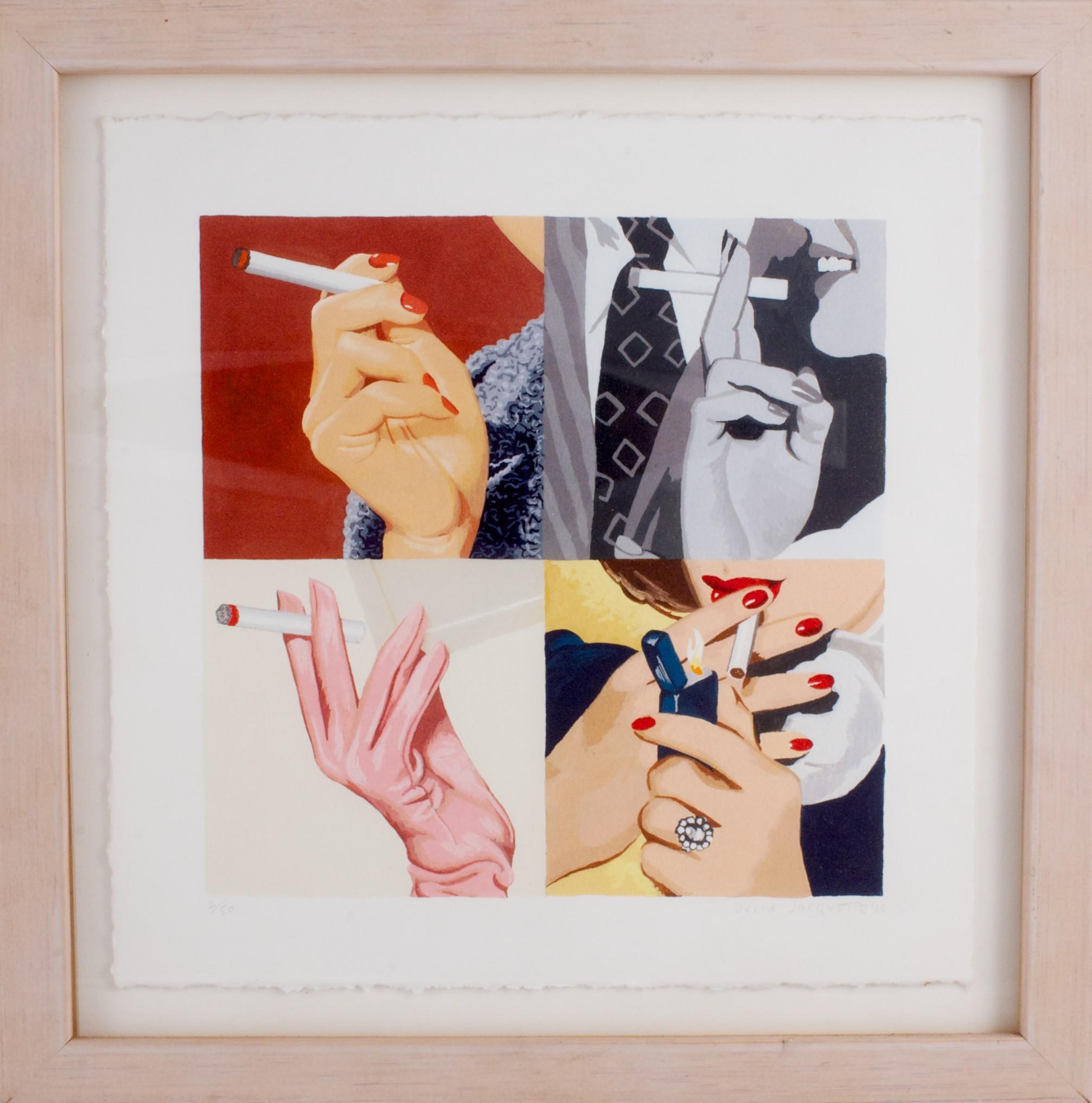 Classic four panel iris print 'Women's Hands, Smoking' 2000 from the Holly Solomon Gallery in an edition #2/ of 50 (LL) by Julia Jacquette (pencil signed (LR)

Print Sz: 9" x 9"

Frame Sz: 11 1/2" x 11 1/2"

Julia Jacquette (born 1964) is an