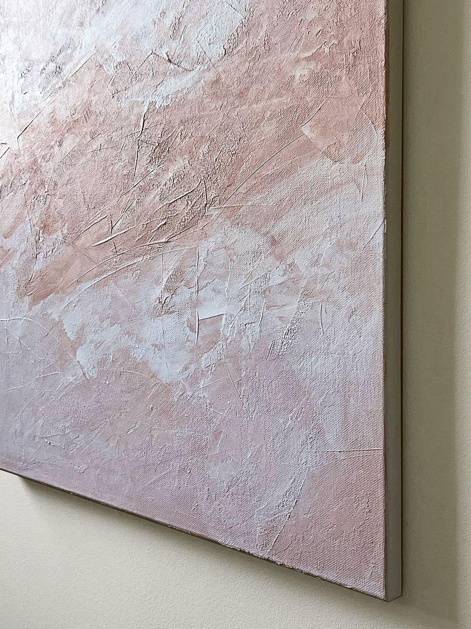 Bright abstract composition inspired by morning light. The picture is made with a spatula with acrylic paints in several layers, creating an interesting uneven structure. The colors are light, dominated by pink, which is broken with white. The