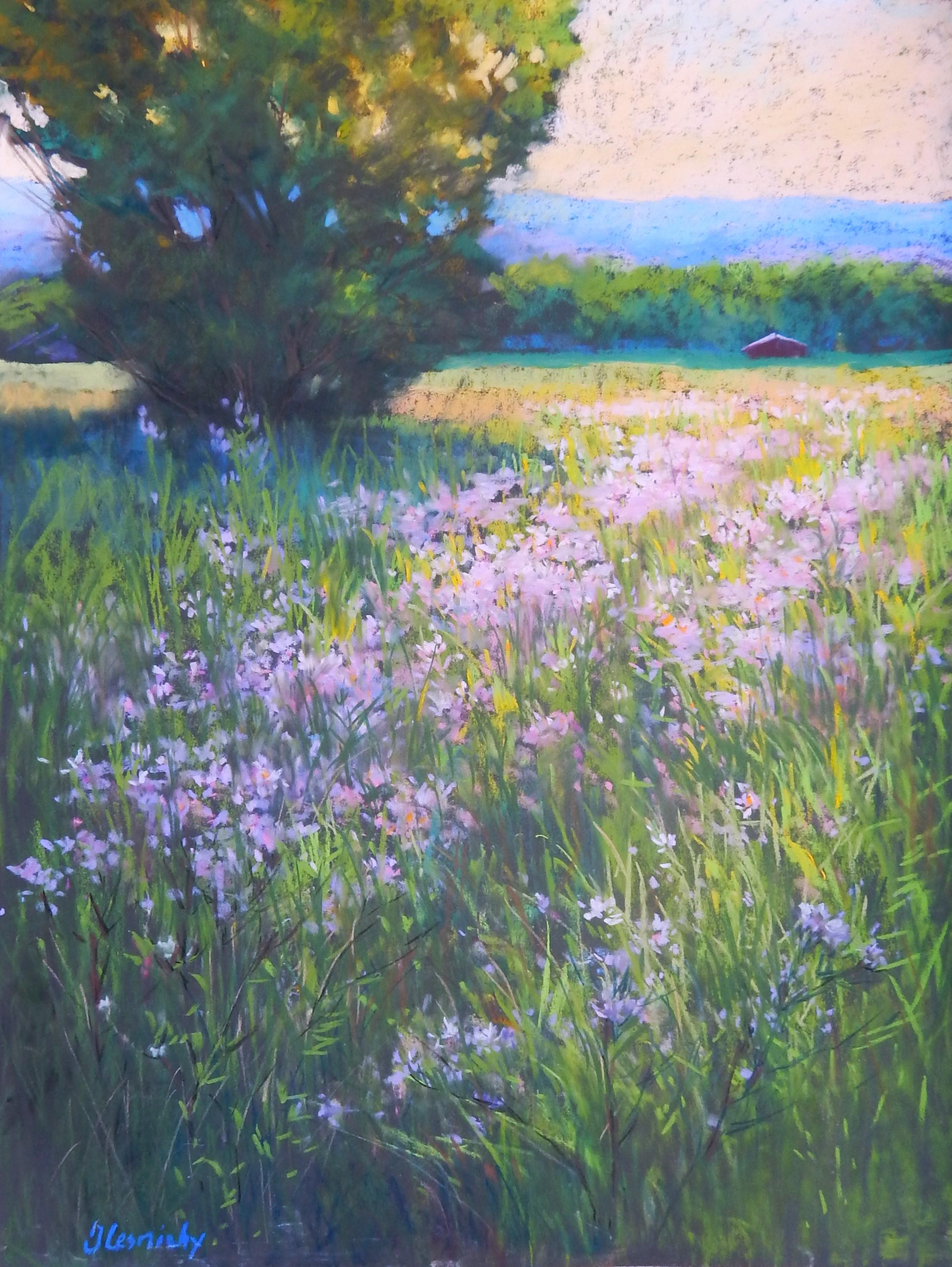 Julia Lesnichy Landscape Painting - Setting Sun in the Meadow, Original Impressionist Painting
