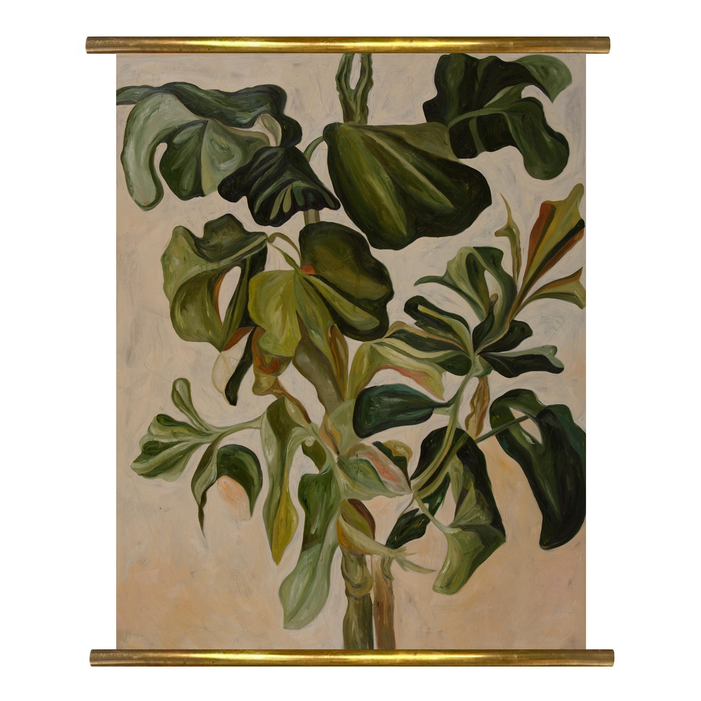 This work is presented in a scroll-like (parchment-style) format, with the painting executed on a flexible support and suspended using metal rods at the top and bottom, allowing the surface to hang freely against the wall.

The format subtly