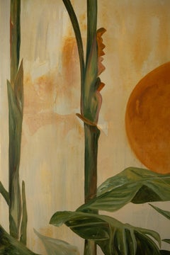 Tropical Foliage with Golden Sun Contemporary Botanical Painting Julia Martins