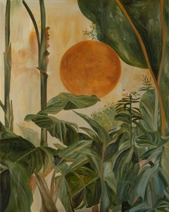 Fogliame tropicale con sole dorato Pittura botanica contemporanea Julia Martin