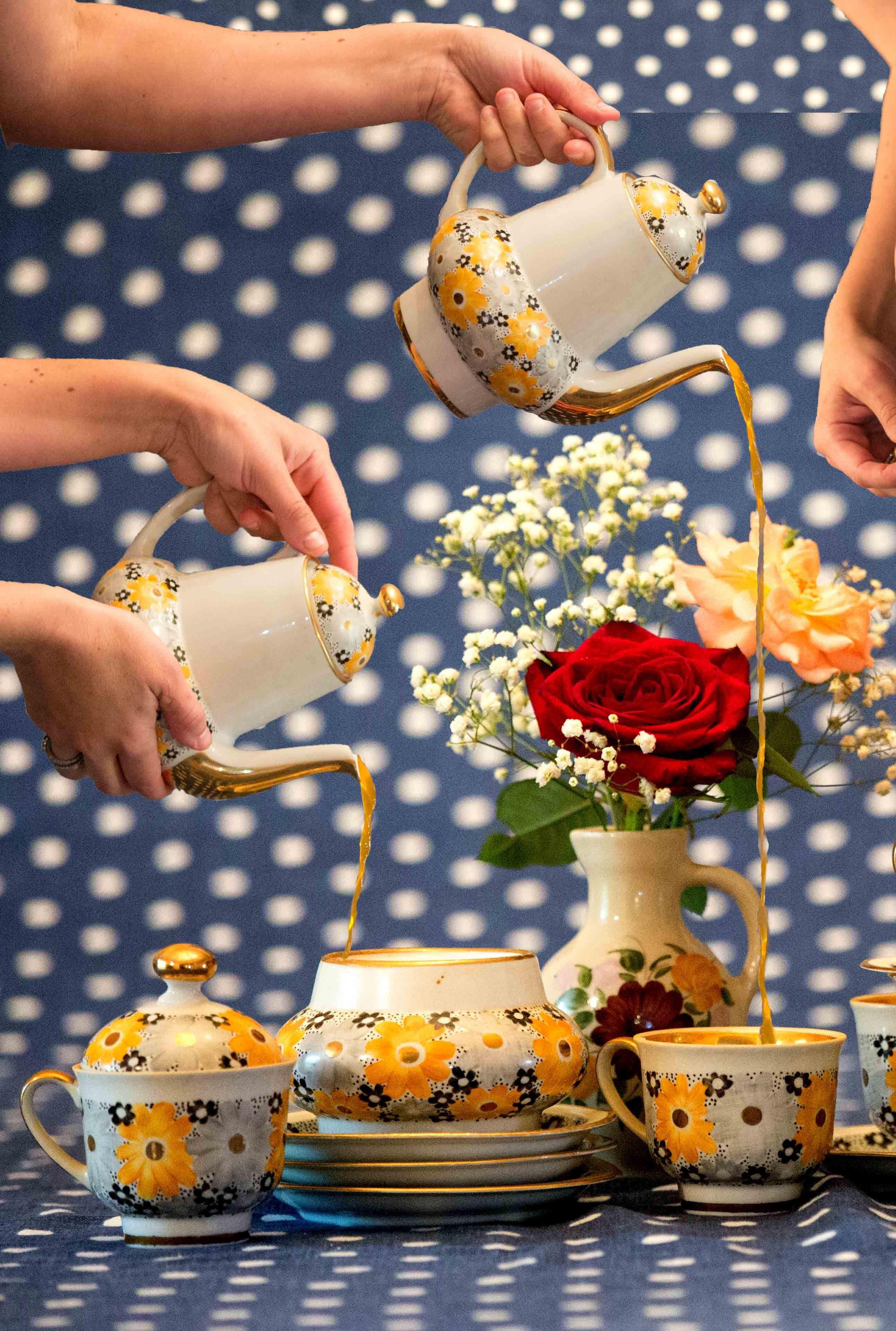 Morning Tea - Whimsical blue polka dot & yellow floral porcelain tea time - Photograph by Julia McLaurin