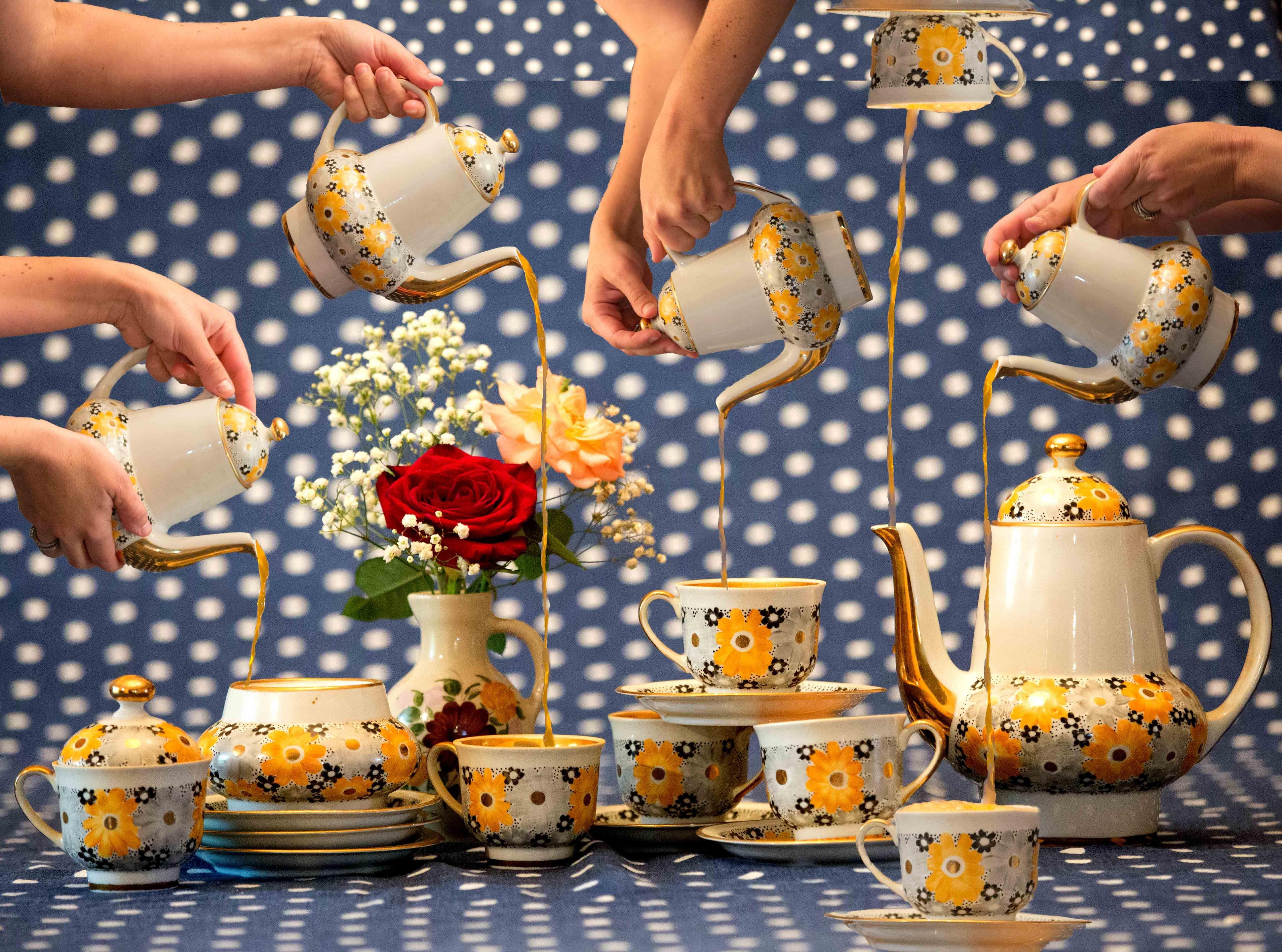 Julia McLaurin Still-Life Photograph - Morning Tea - Whimsical blue polka dot & yellow floral porcelain tea time