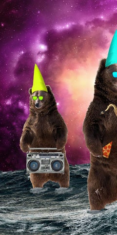 Party Bears - Trio of bears in hats & sunglasses ready to rock, galaxy sky