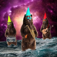 Party Bears - Trio of bears in hats & sunglasses ready to rock, galaxy sky